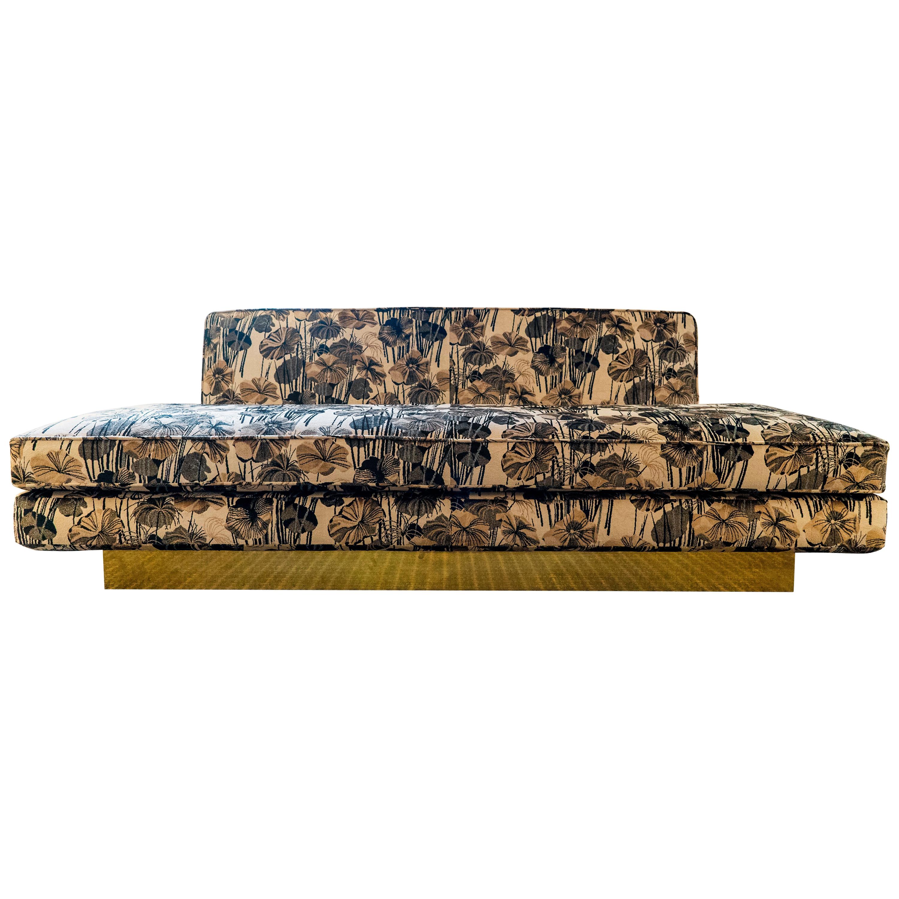 1970s Italian Sofa with Natural Brass Base, 1960s Jacquard Floral Velvet Fabric