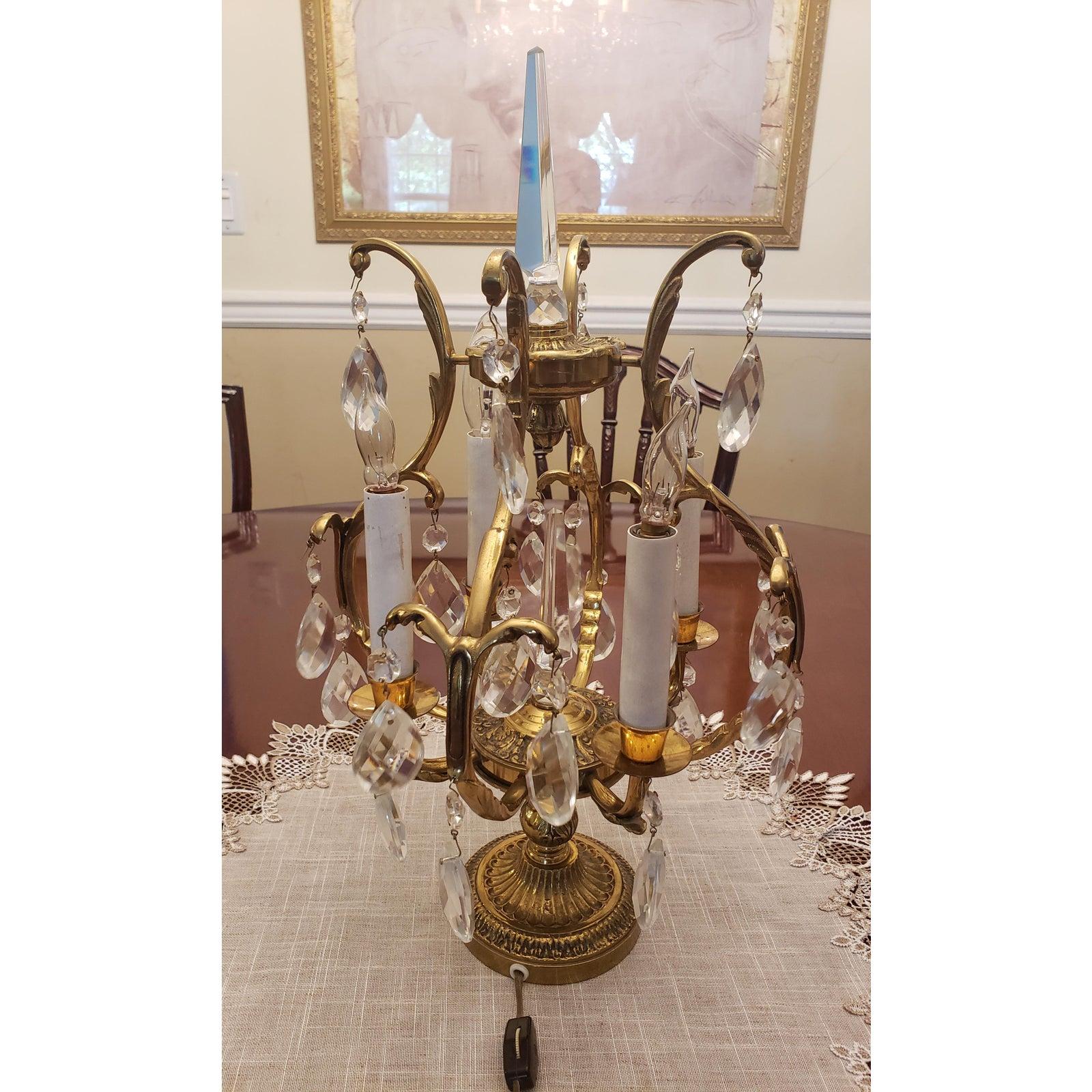 Glass 1970s Italian Solid Brass and Crystal Table Chandelier For Sale