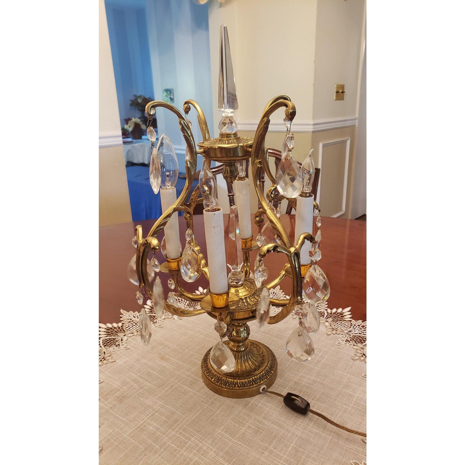 1970s Italian Solid Brass and Crystal Table Chandelier For Sale 2