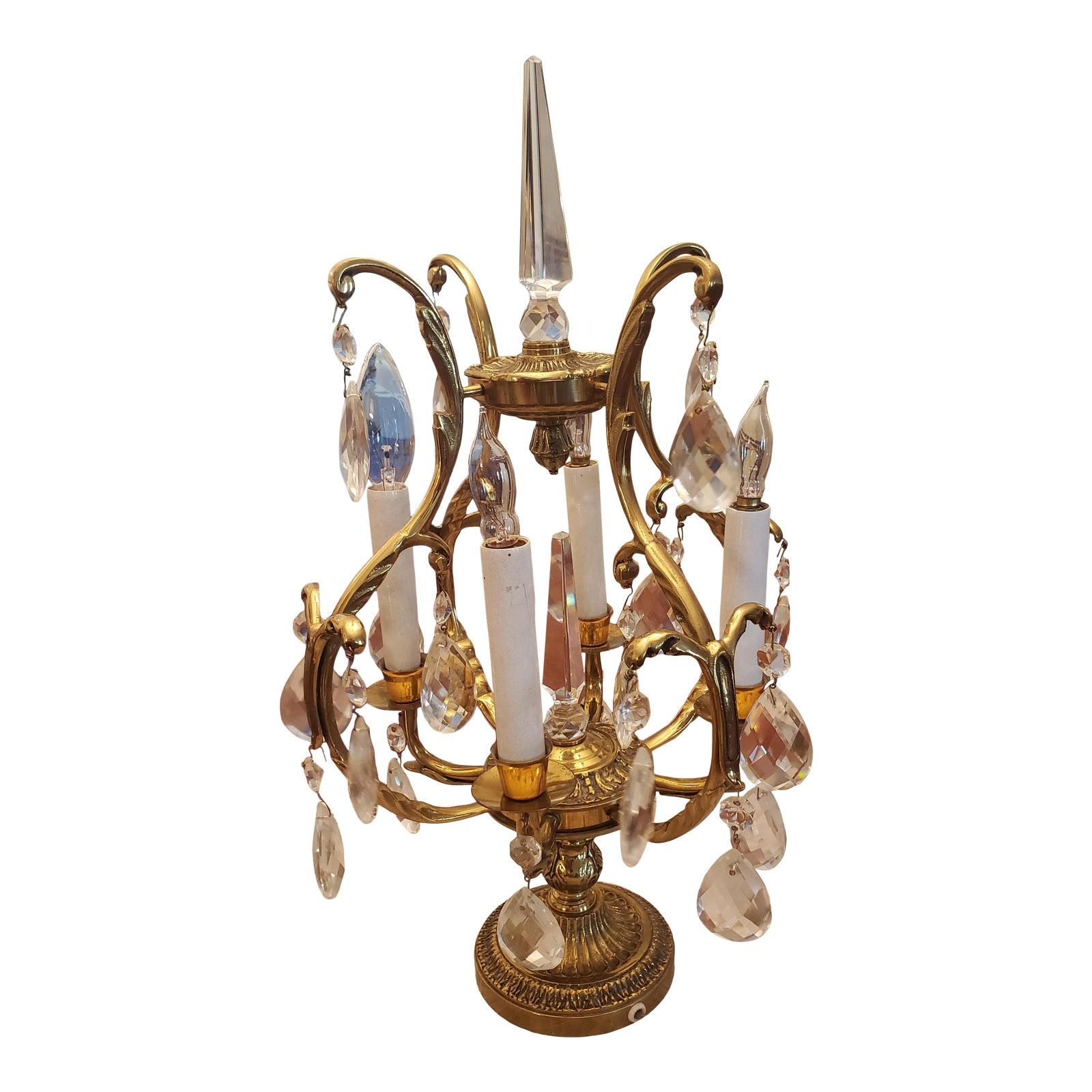 1970s Italian Solid Brass and Crystal Table Chandelier For Sale
