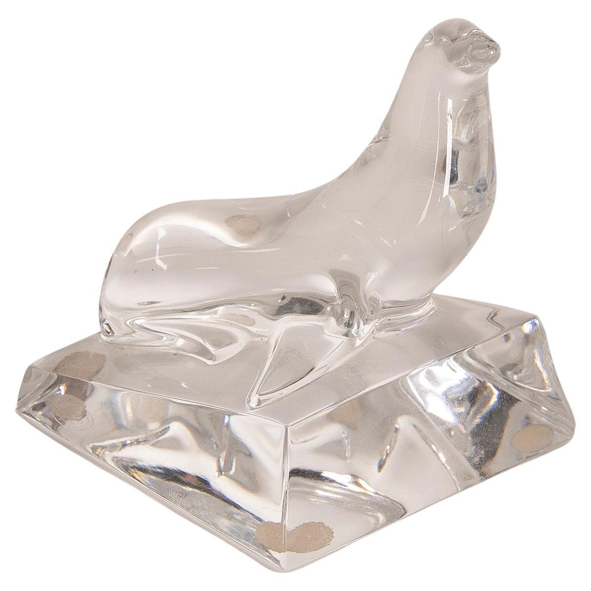 1970s Italian Solid Crystal Sculpture of a Seal on a Base For Sale