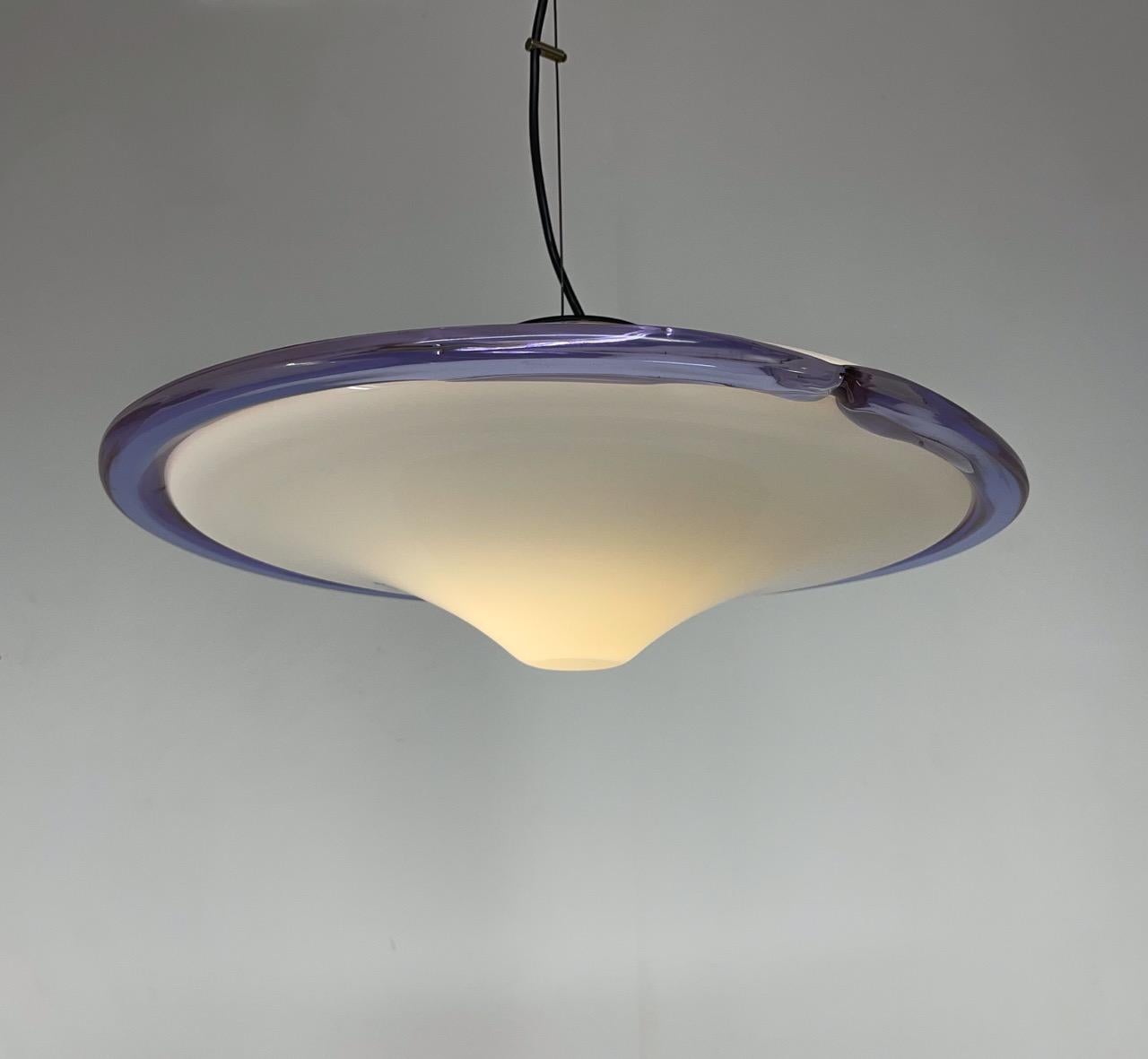 Murano glass, Italian pendant from 1970's. Beautiful combination of white opaline glass with violet rim.