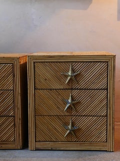 1970s Italian Split Reed Rattan Nightstands with Brass Starfish Pulls – Set of 2