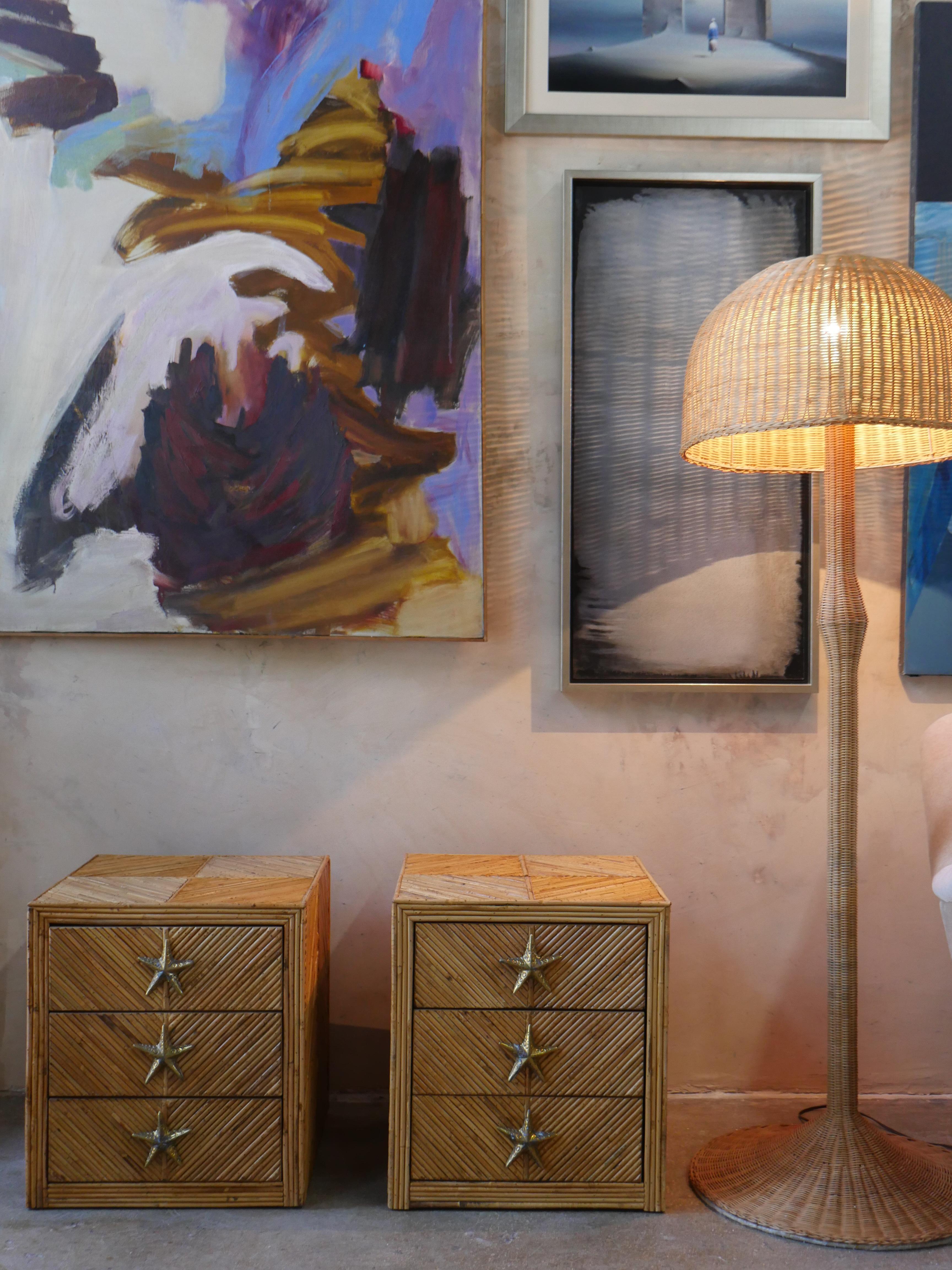 1970s Italian Split Reed Bamboo Nightstands with Brass Starfish Pulls – Set of 2 In Good Condition For Sale In Miami, FL