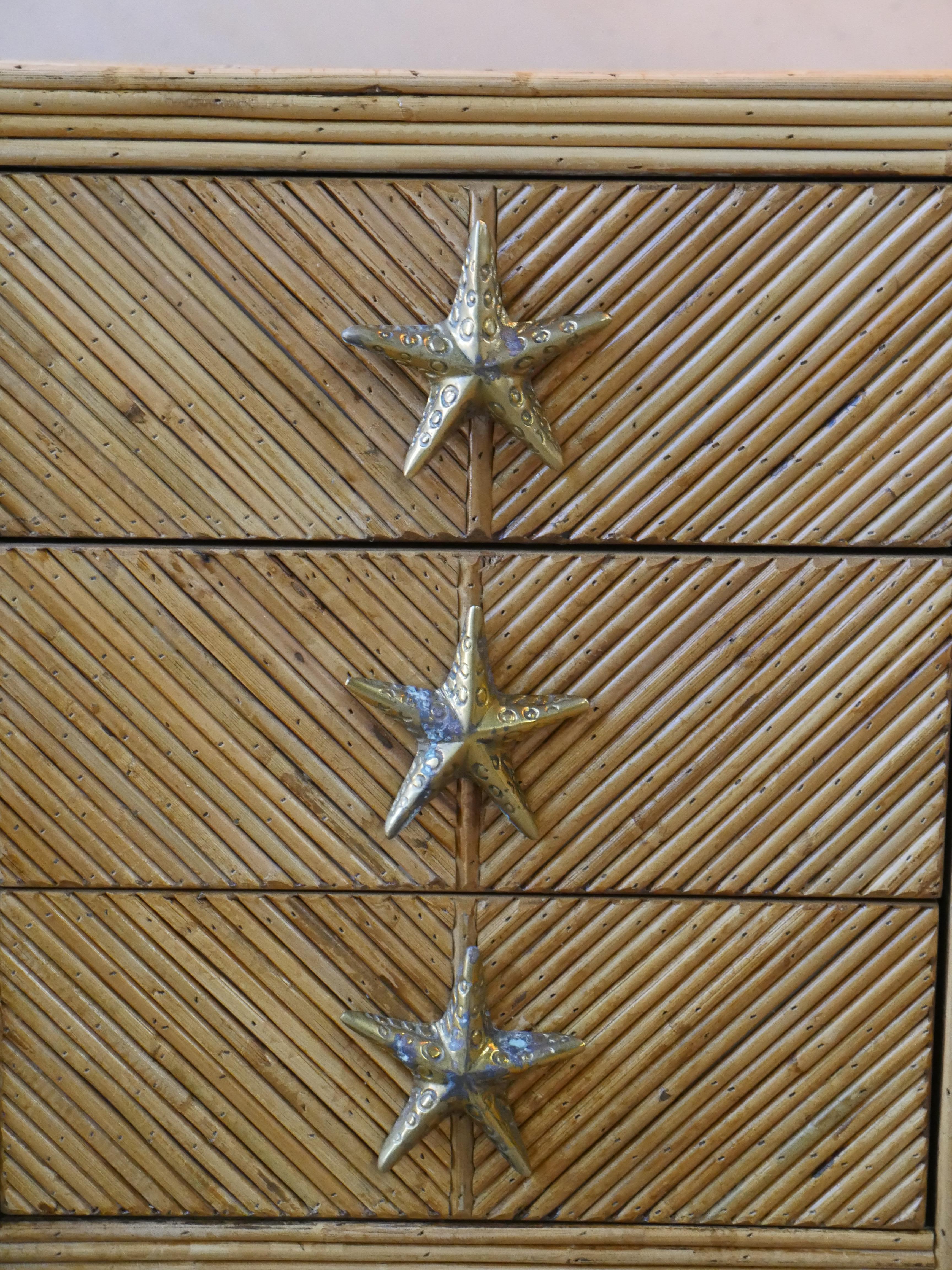 1970s Italian Split Reed Bamboo Nightstands with Brass Starfish Pulls – Set of 2 For Sale 1