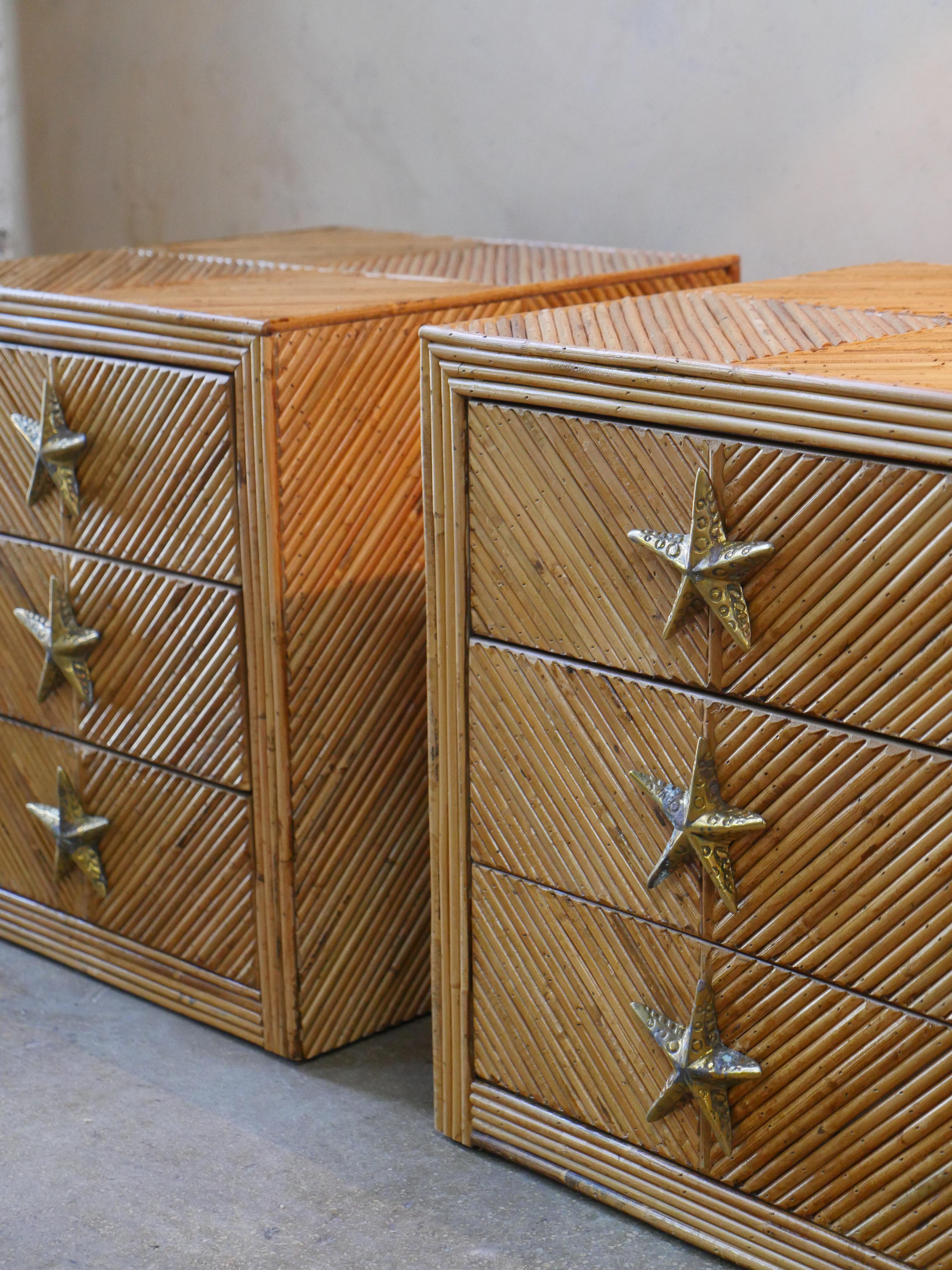 1970s Italian Split Reed Bamboo Nightstands with Brass Starfish Pulls – Set of 2 For Sale 2