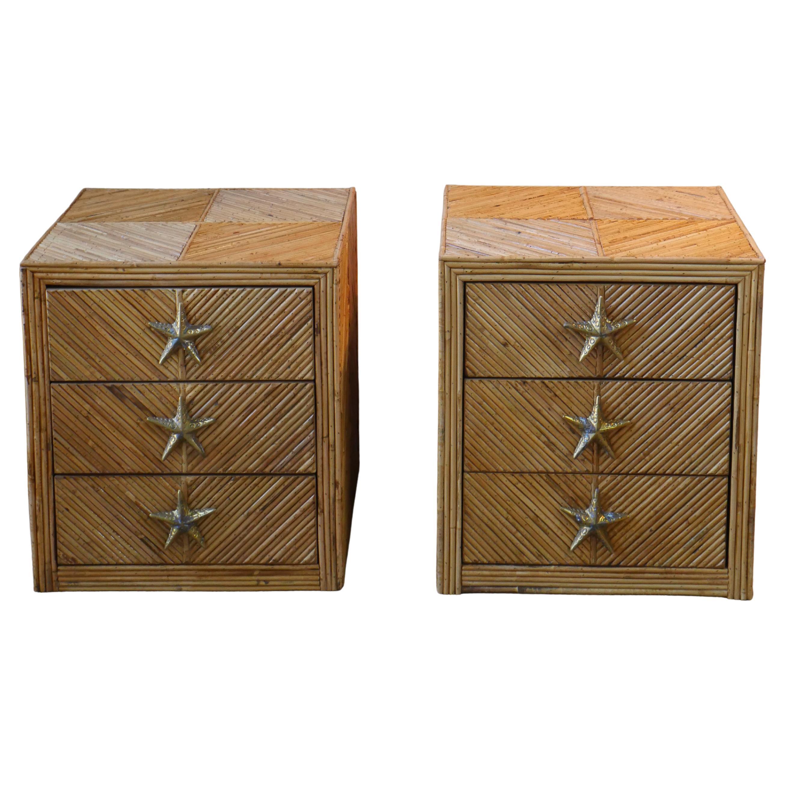 1970s Italian Split Reed Bamboo Nightstands with Brass Starfish Pulls – Set of 2 For Sale