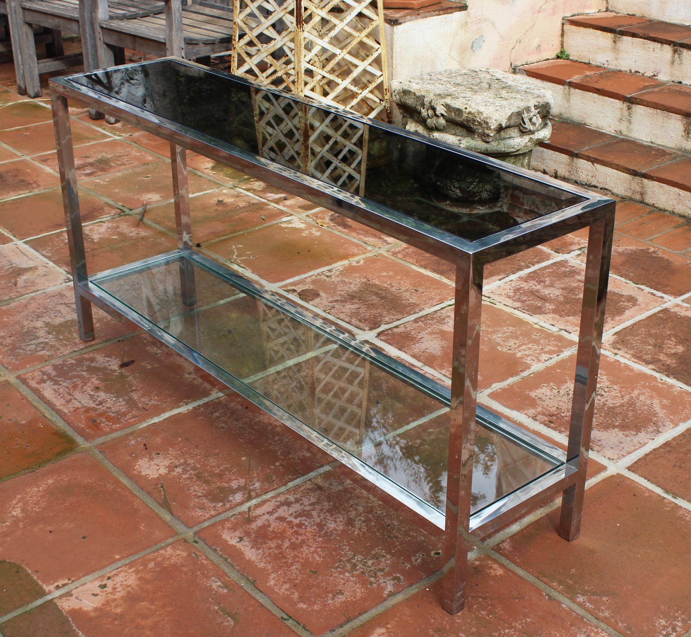 1970s Italian Stainless Steel Console Table with Period Smoked Glass Top 6