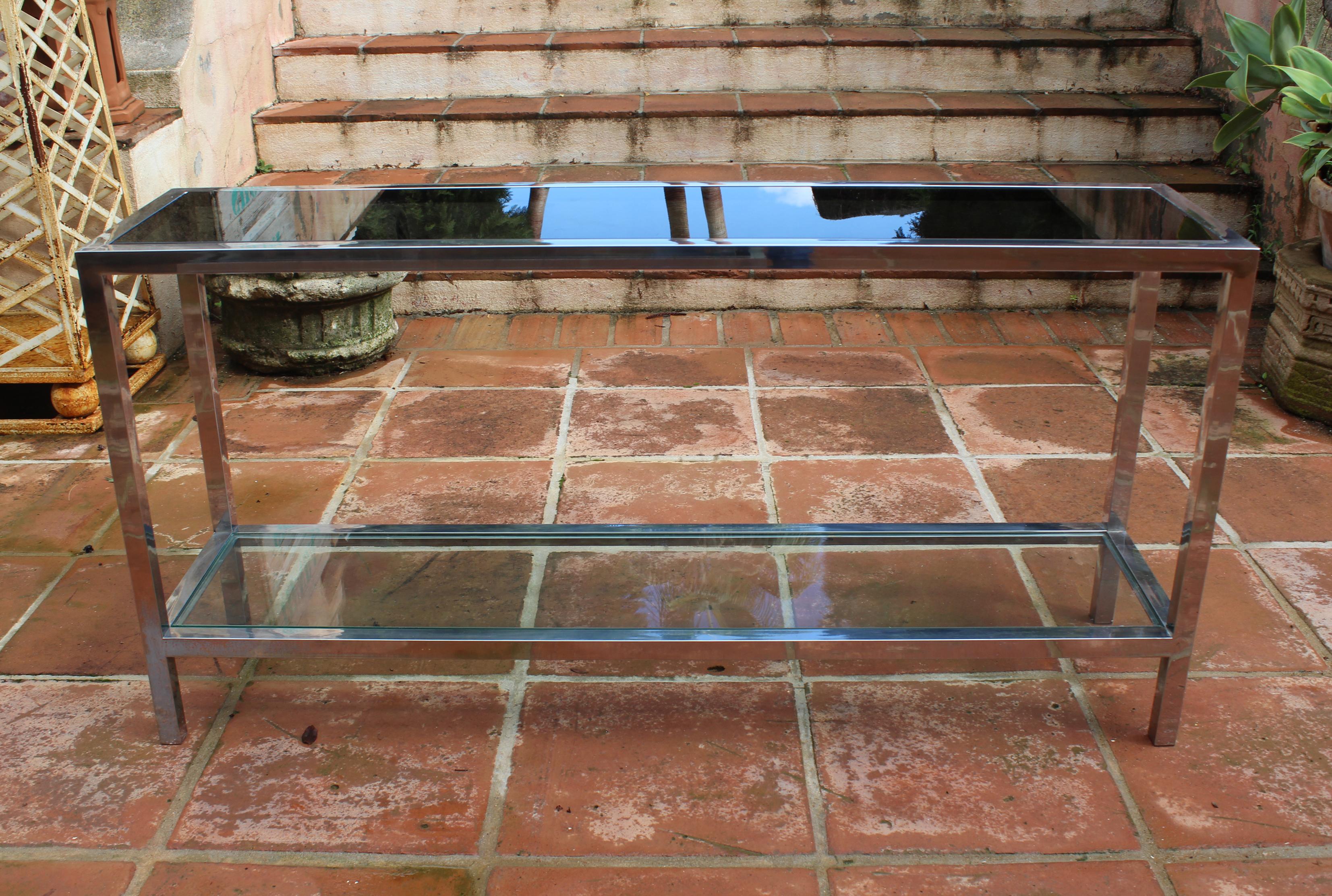 1970s Italian Stainless Steel Console Table with Period Smoked Glass Top 7