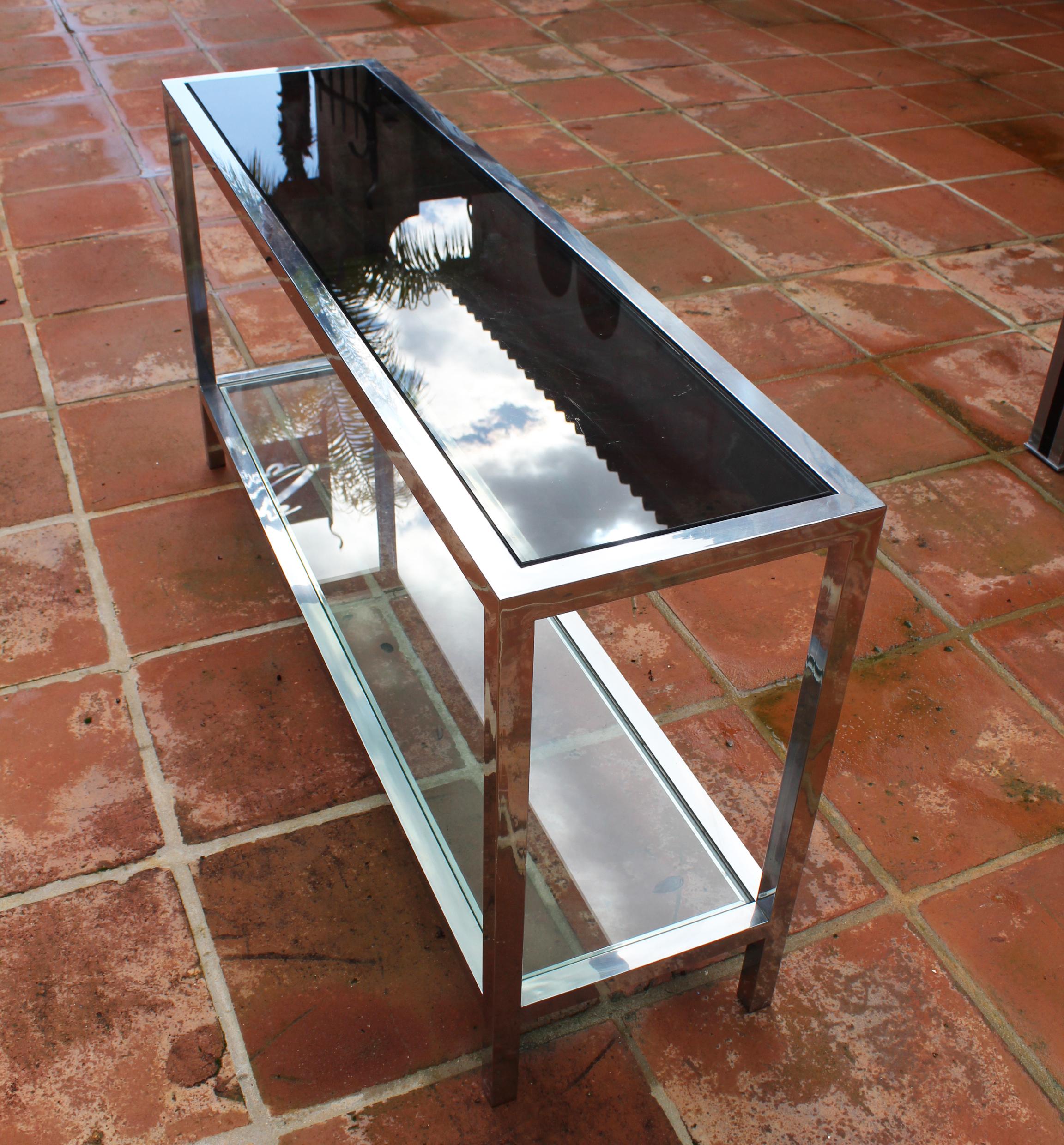 1970s Italian Stainless Steel Console Table with Period Smoked Glass Top 8