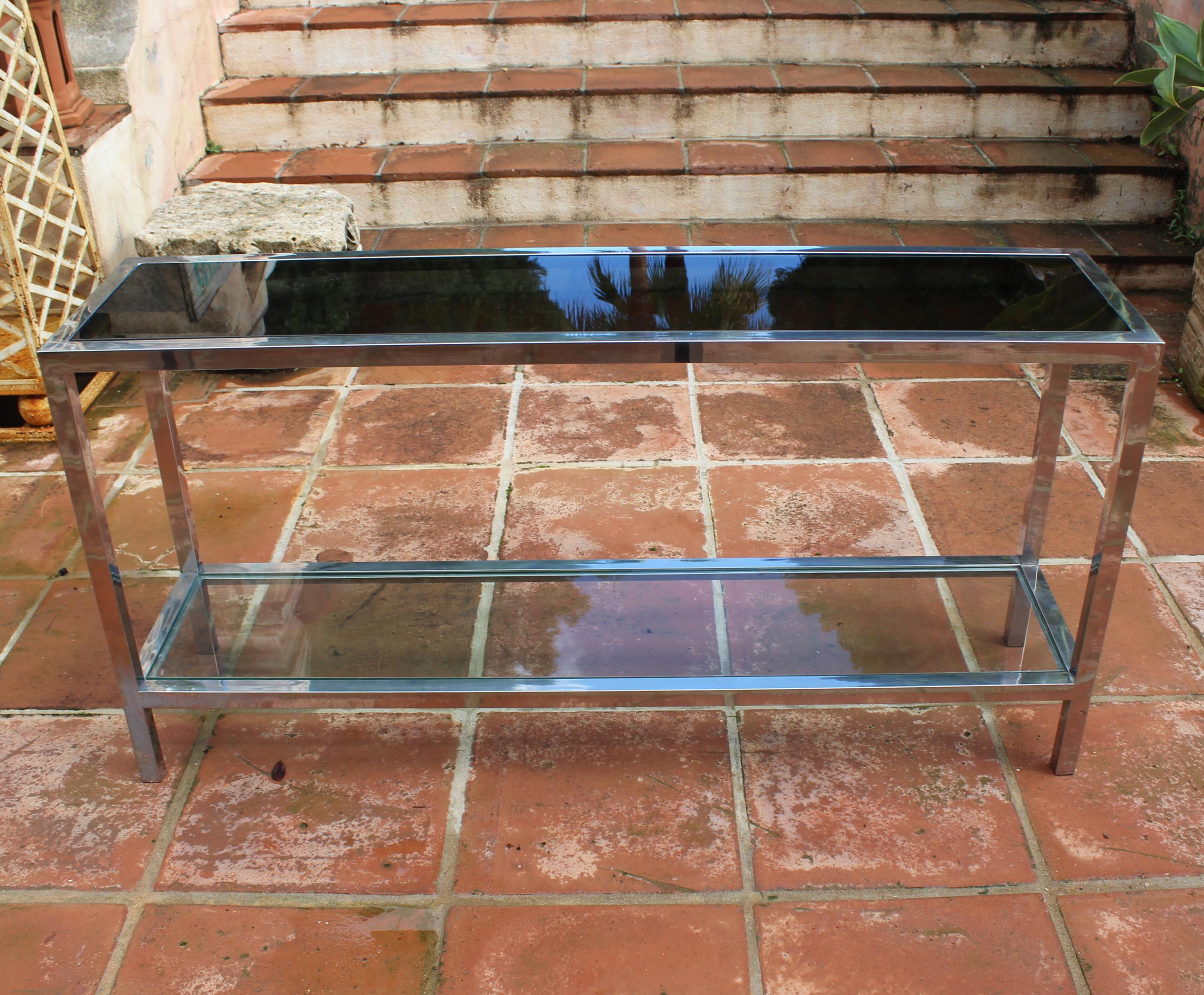 1970s Italian Stainless Steel Console Table with Period Smoked Glass Top 9
