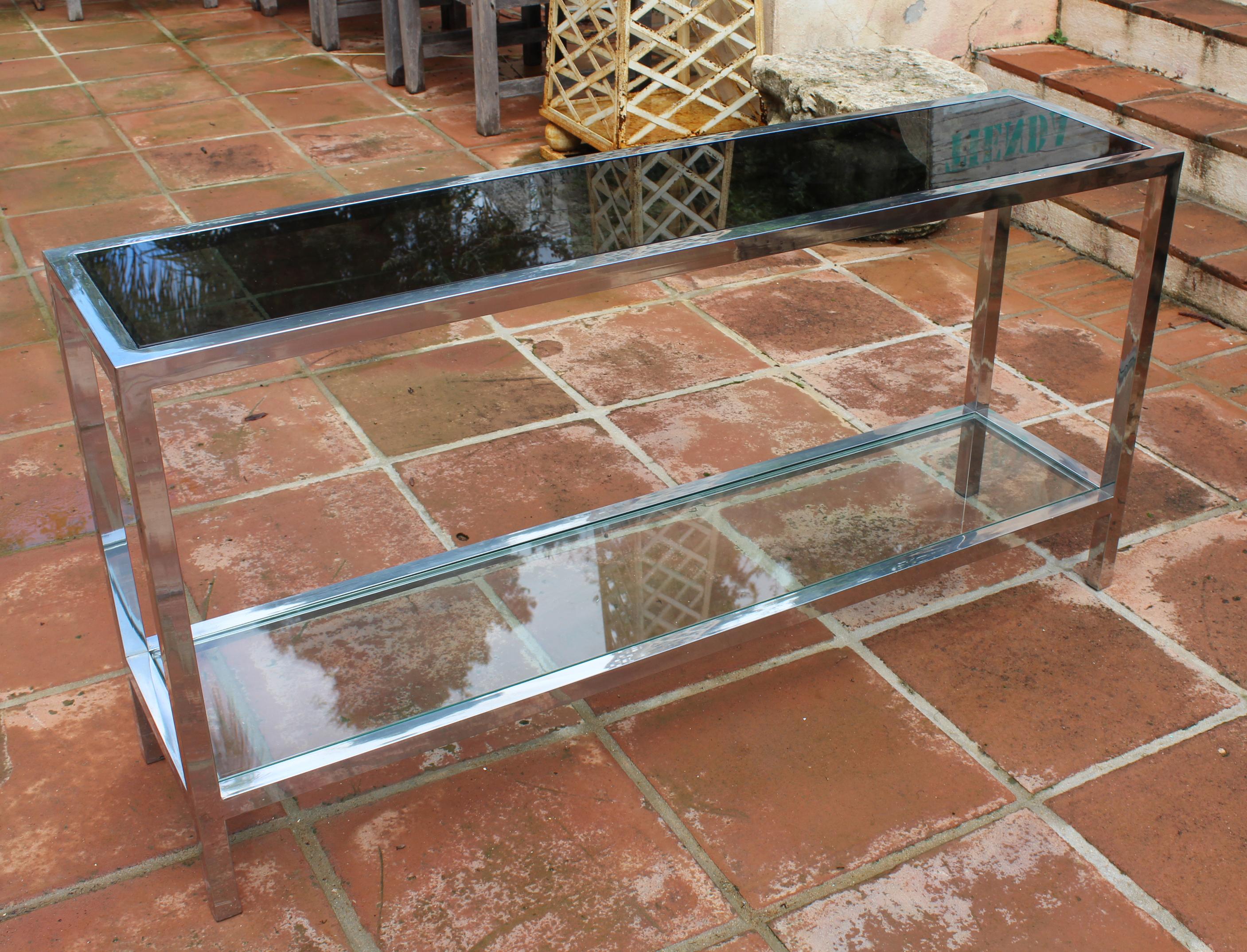 20th Century 1970s Italian Stainless Steel Console Table with Period Smoked Glass Top