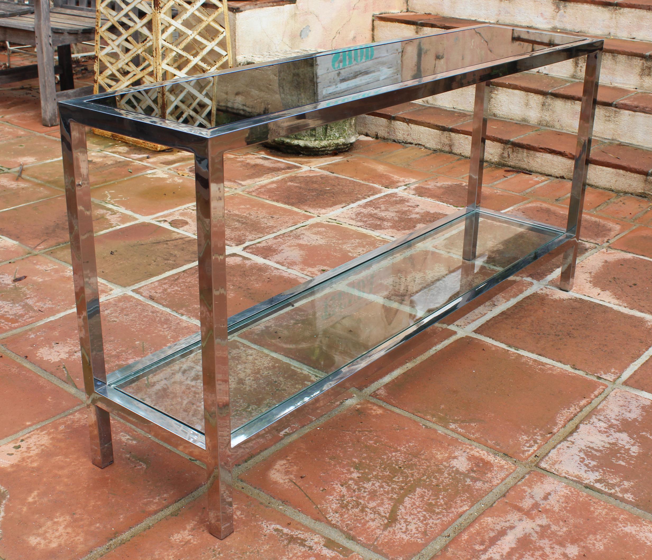 1970s Italian Stainless Steel Console Table with Period Smoked Glass Top 1