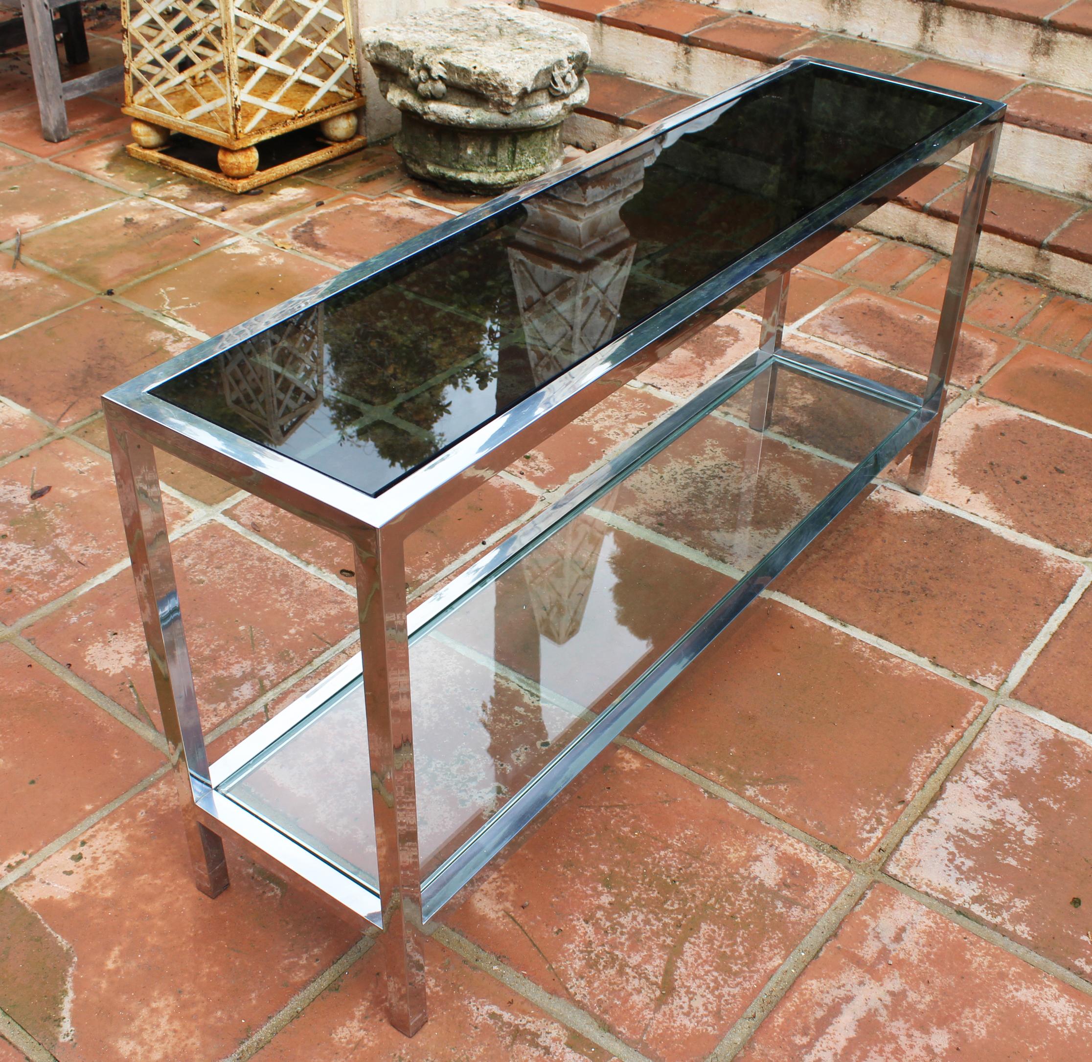1970s Italian Stainless Steel Console Table with Period Smoked Glass Top 2