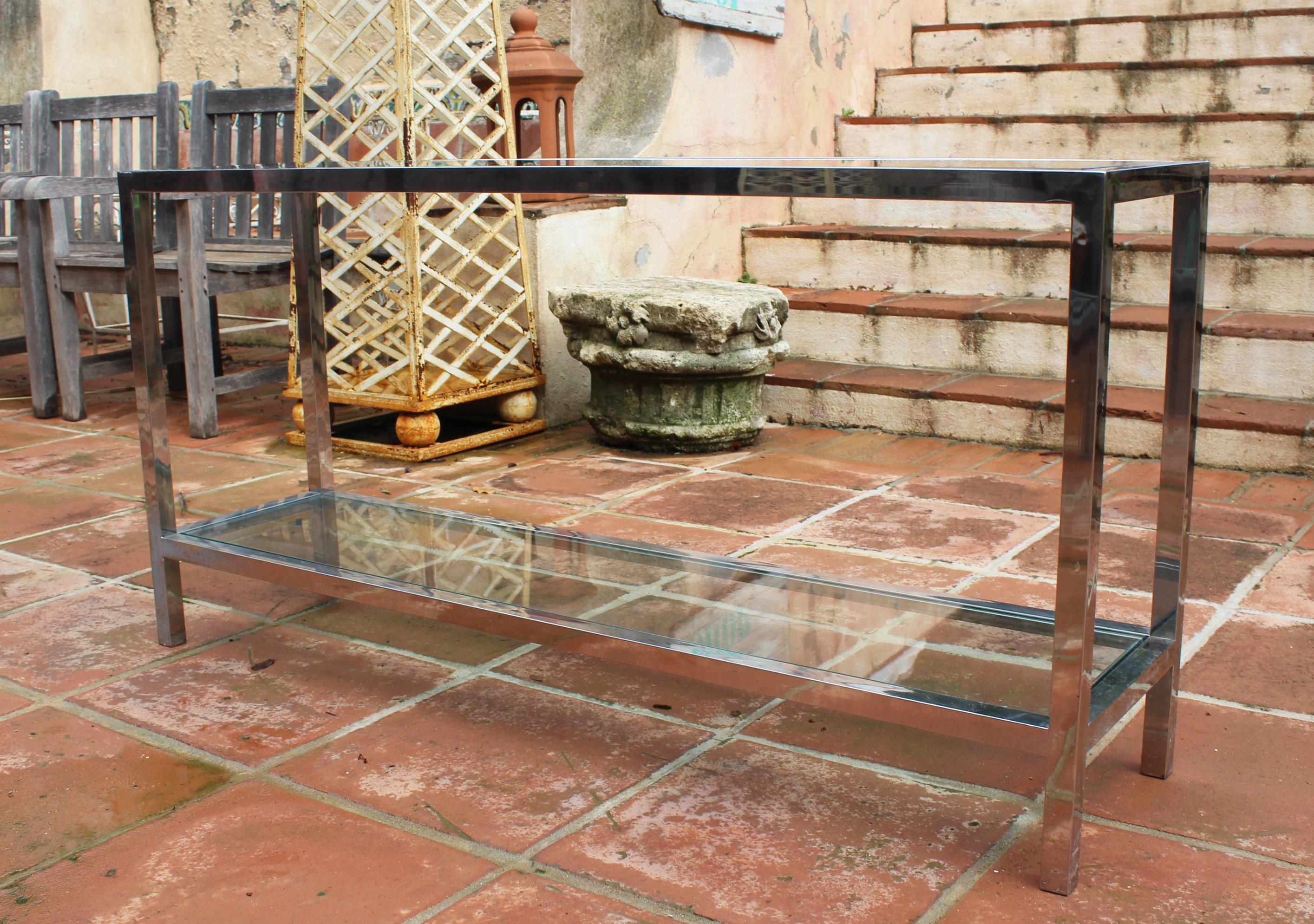 1970s Italian Stainless Steel Console Table with Period Smoked Glass Top 3