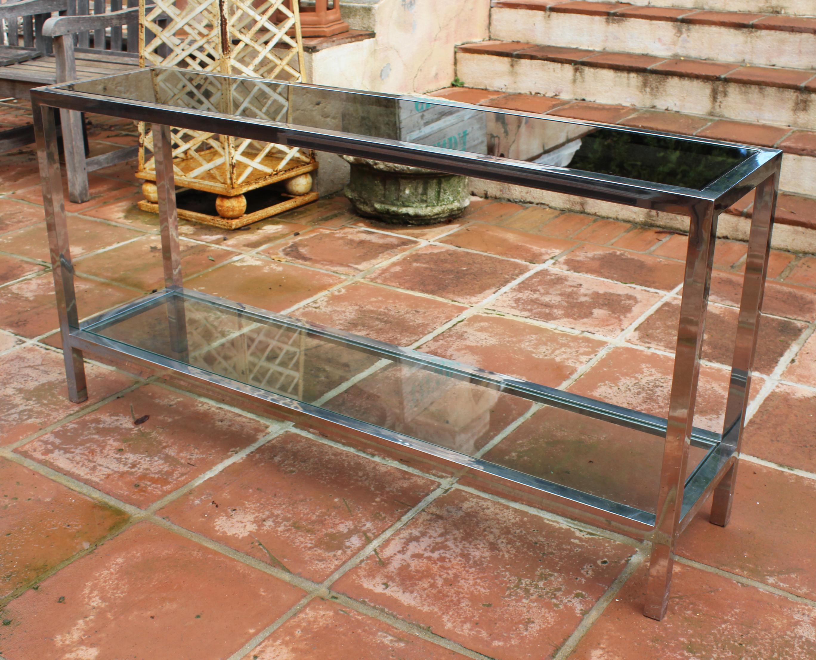 1970s Italian Stainless Steel Console Table with Period Smoked Glass Top 4