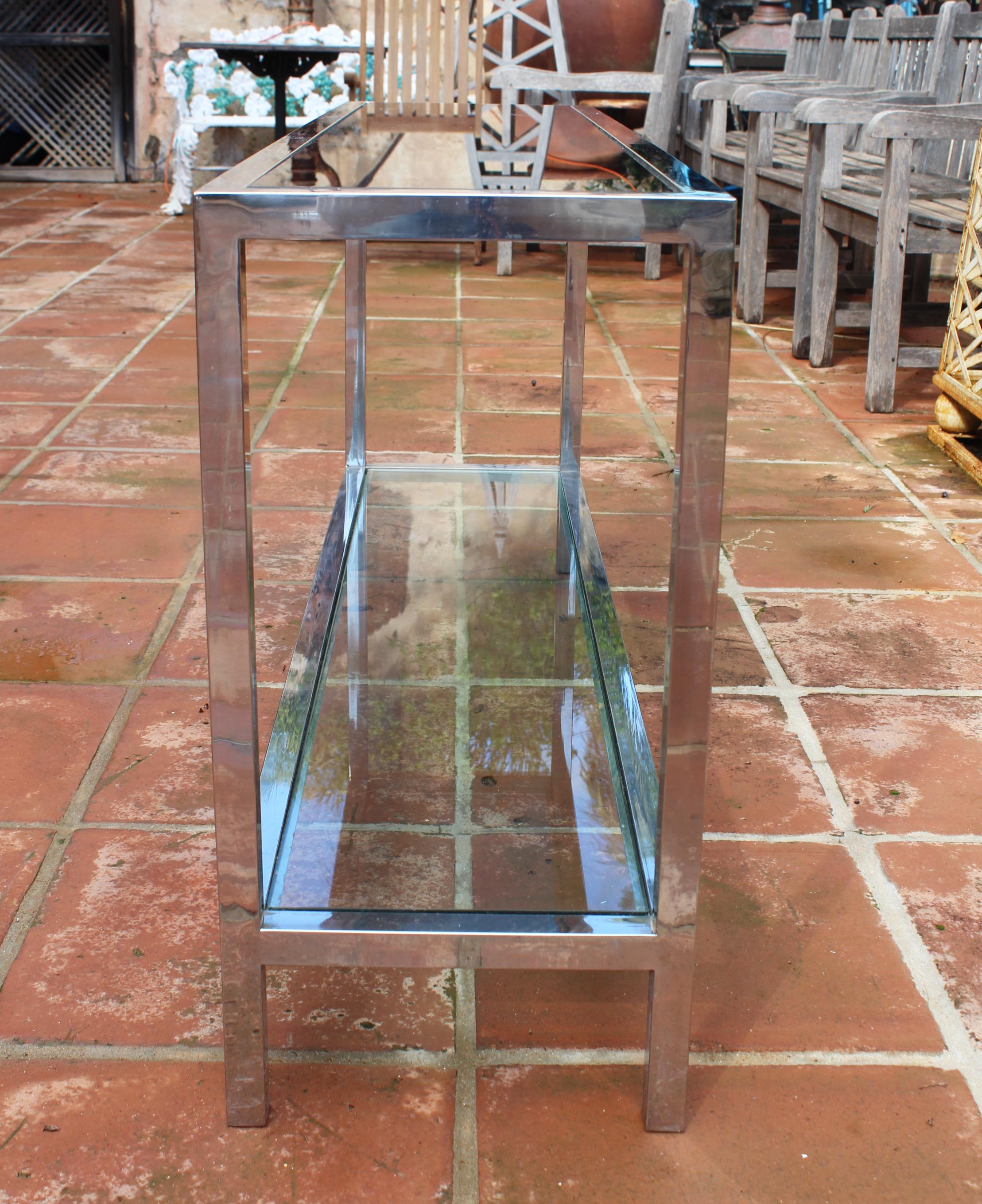 1970s Italian Stainless Steel Console Table with Period Smoked Glass Top 5