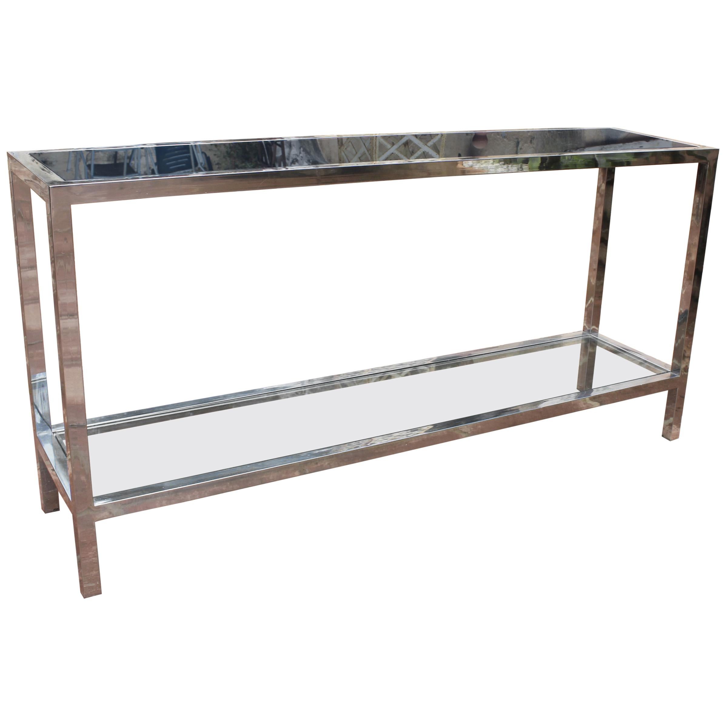 1970s Italian Stainless Steel Console Table with Period Smoked Glass Top