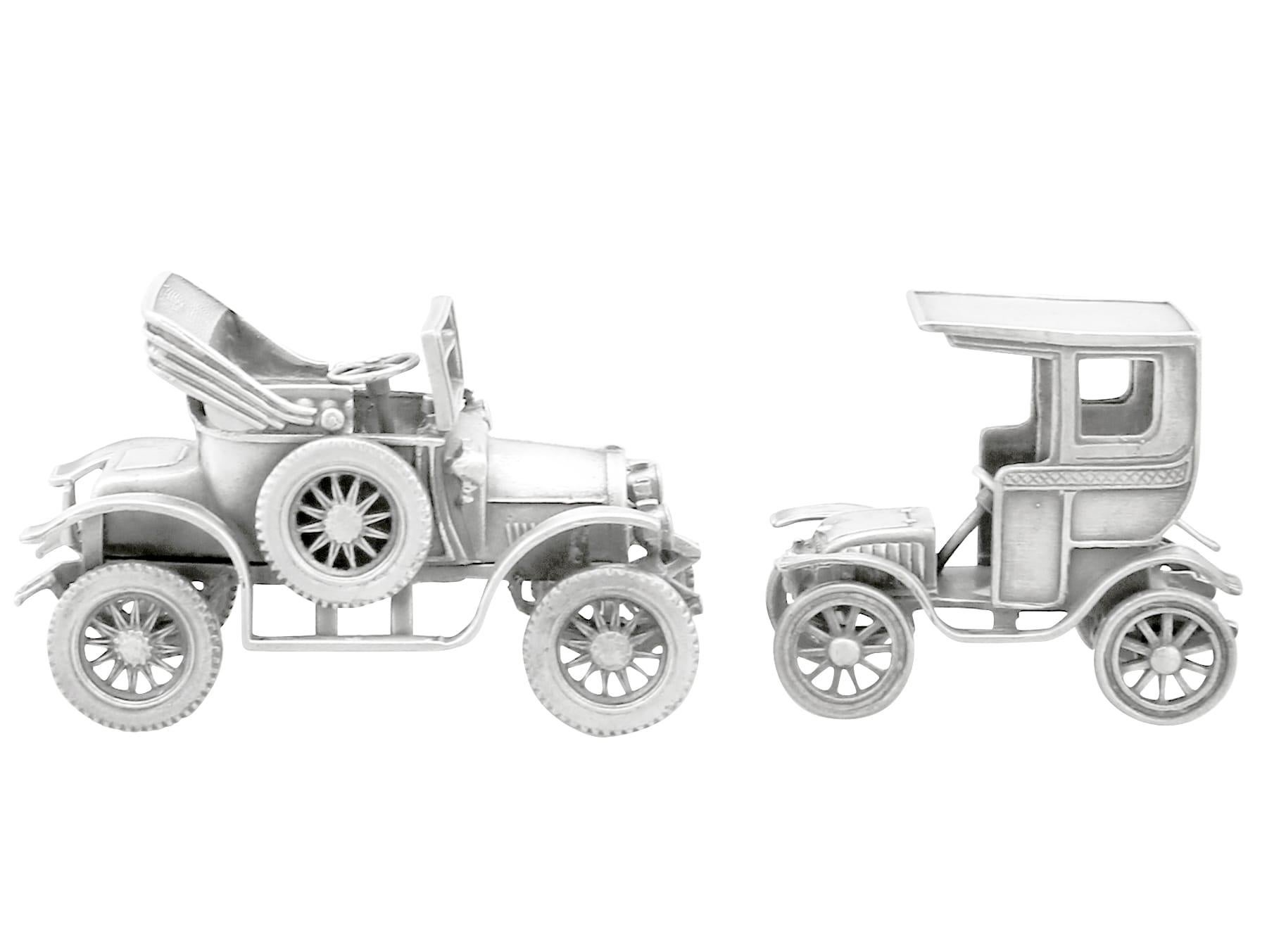 A fine and impressive pair of vintage Italian sterling silver table ornaments realistically modelled in the form of cars; an addition to our ornamental silverware collection

These impressive vintage Italian cast sterling silver table ornaments