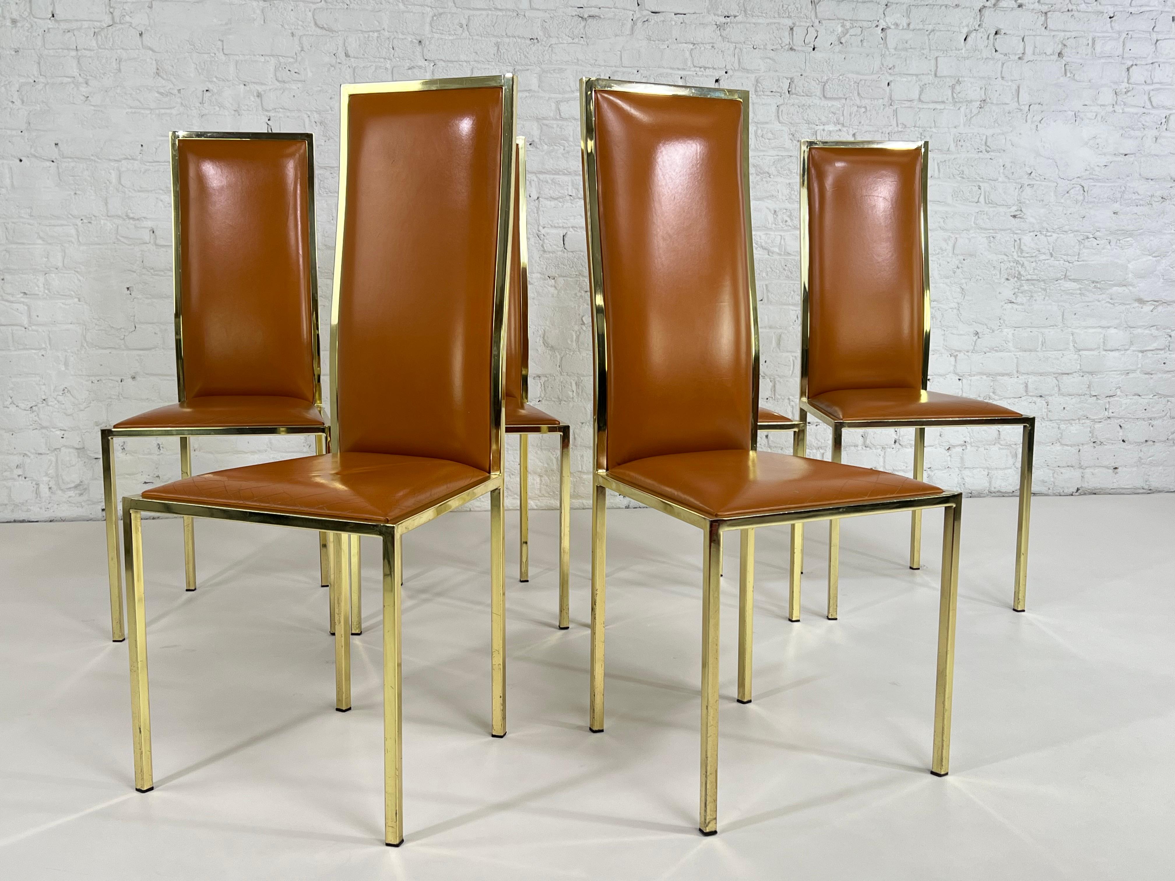 European 1970s Italian Style Renato Zevi Design Cognac Leather And Brass Set of 6 Chairs For Sale