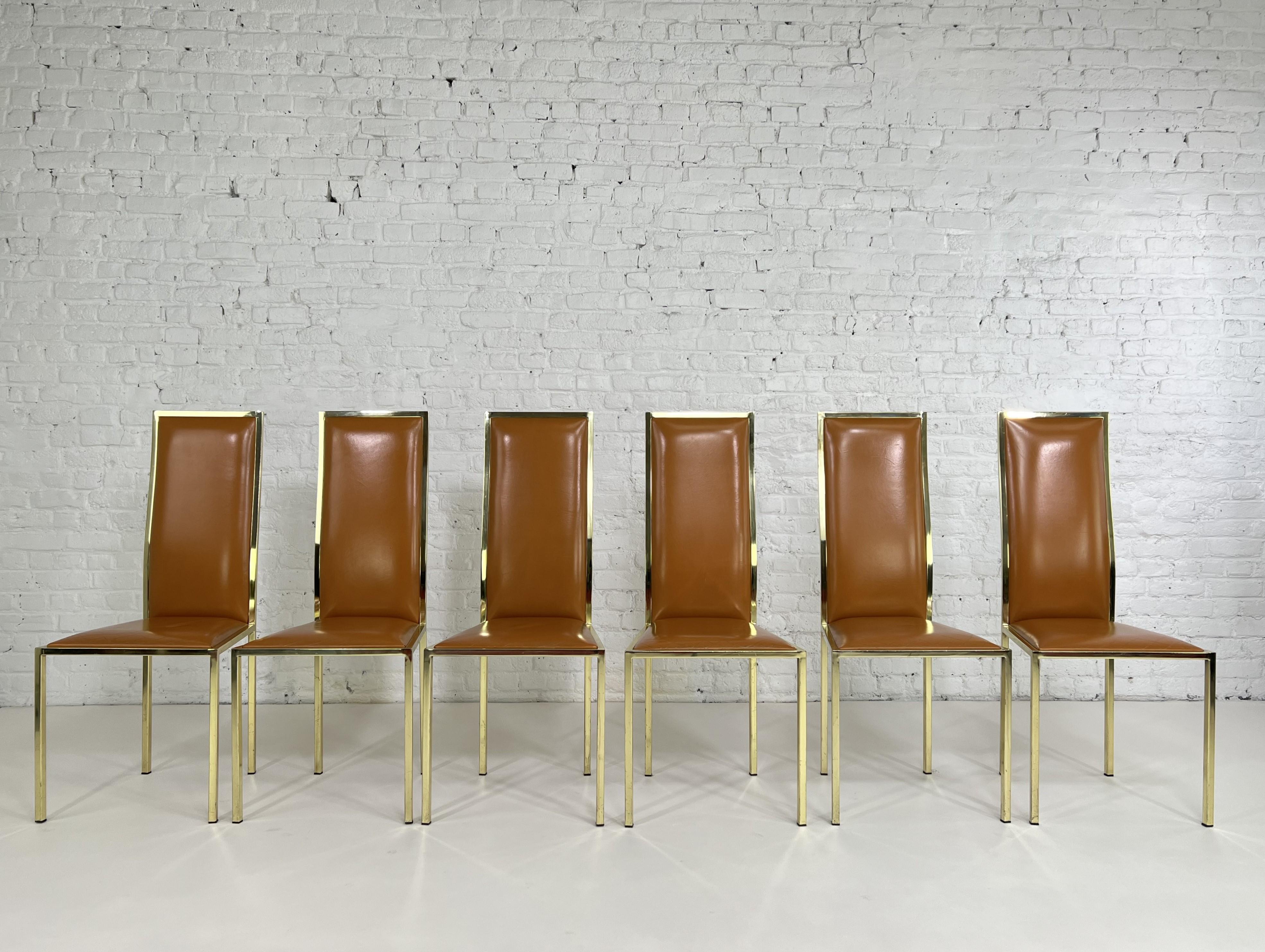 1970s Italian Style Renato Zevi Design Cognac Leather And Brass Set of 6 Chairs In Good Condition For Sale In Tourcoing, FR
