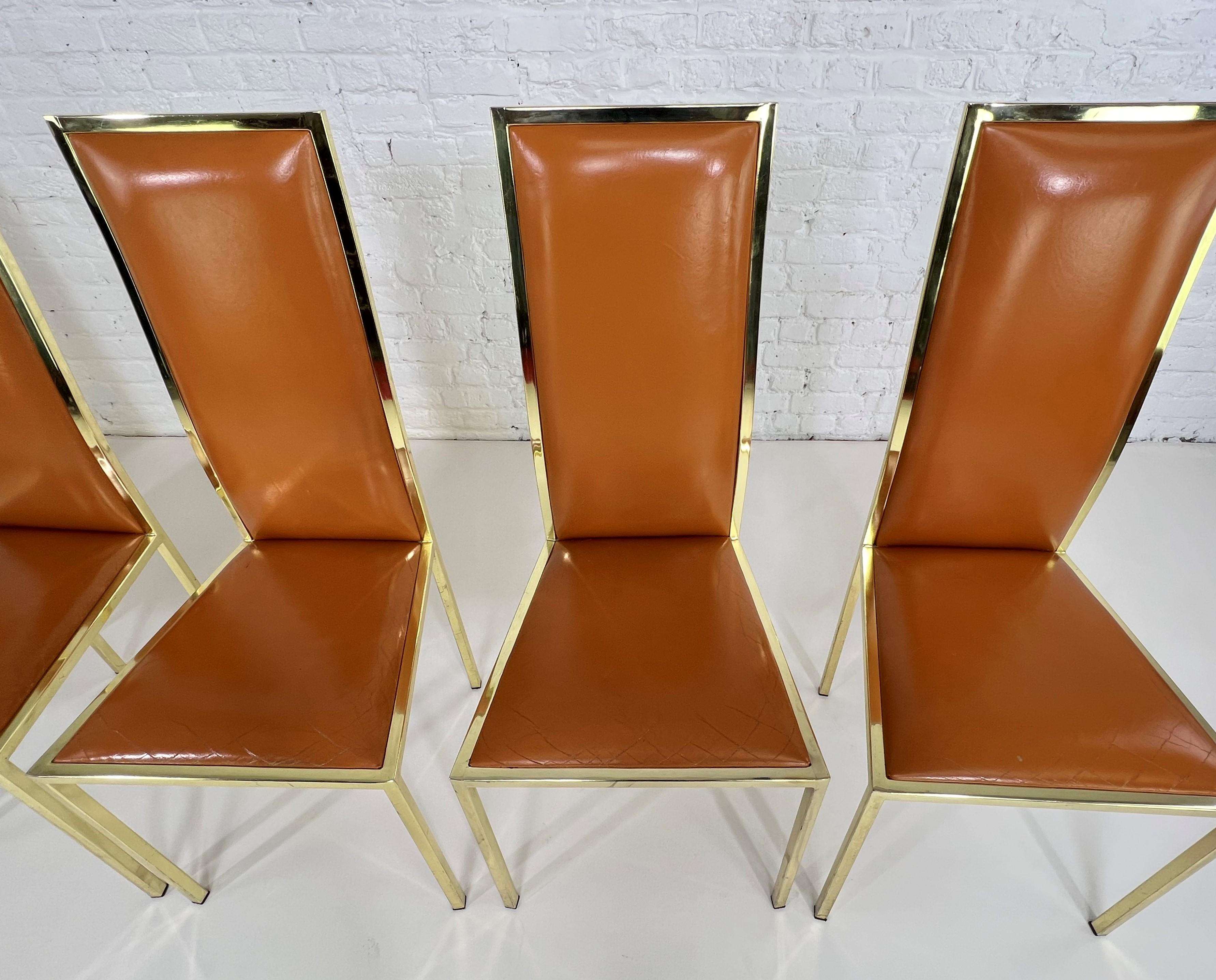 20th Century 1970s Italian Style Renato Zevi Design Cognac Leather And Brass Set of 6 Chairs For Sale