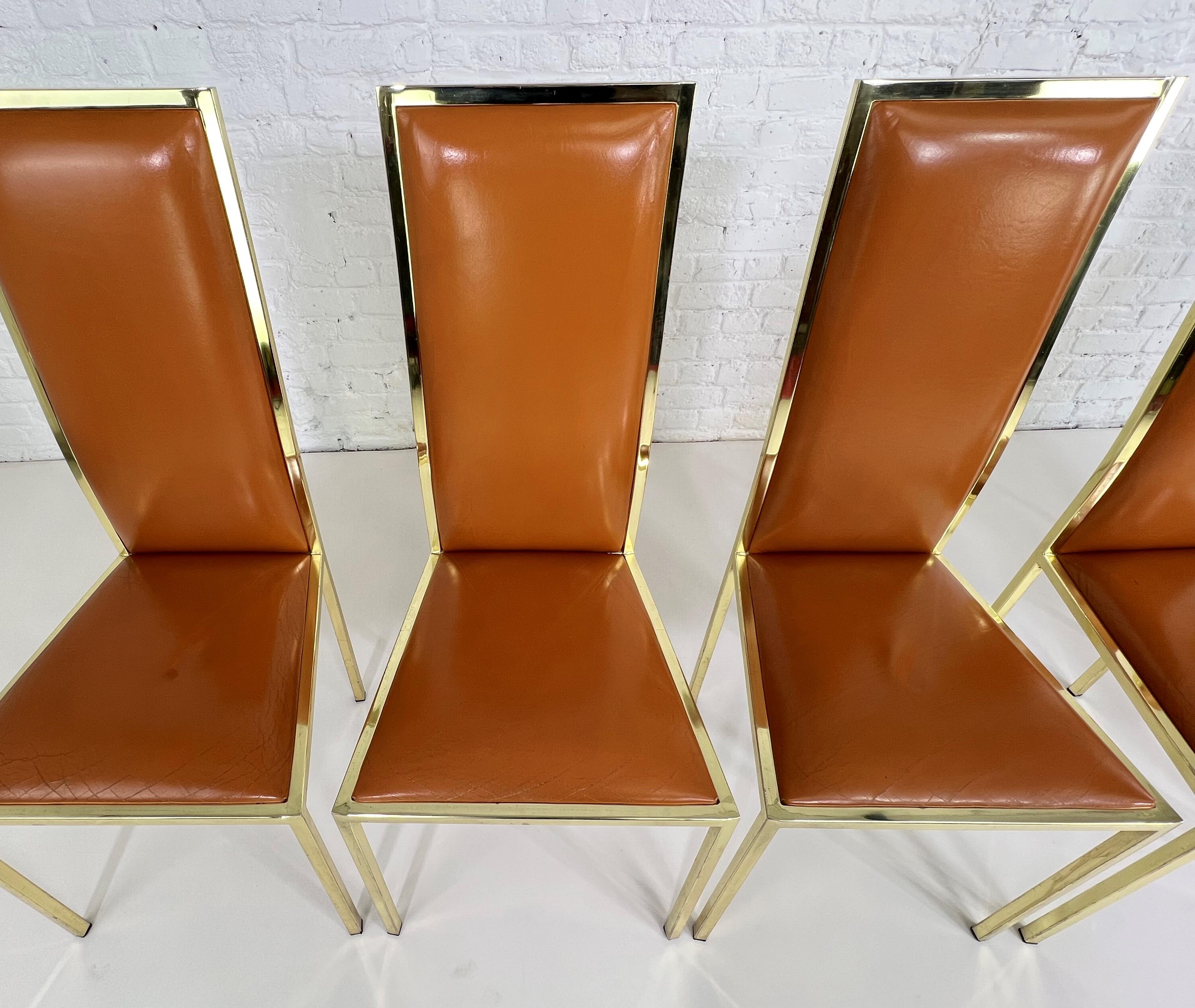 1970s Italian Style Renato Zevi Design Cognac Leather And Brass Set of 6 Chairs For Sale 1