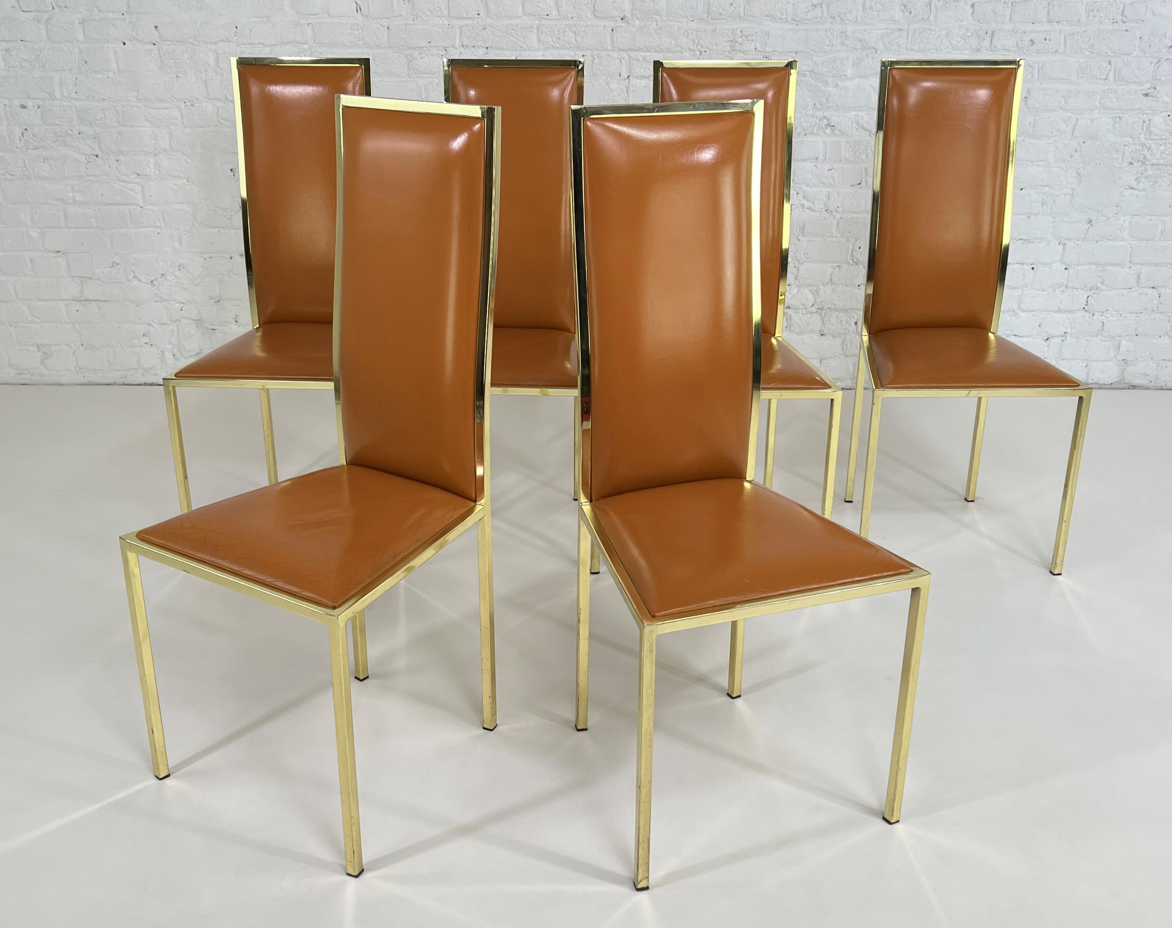 1970s Italian Style Renato Zevi Design Cognac Leather And Brass Set of 6 Chairs For Sale 2