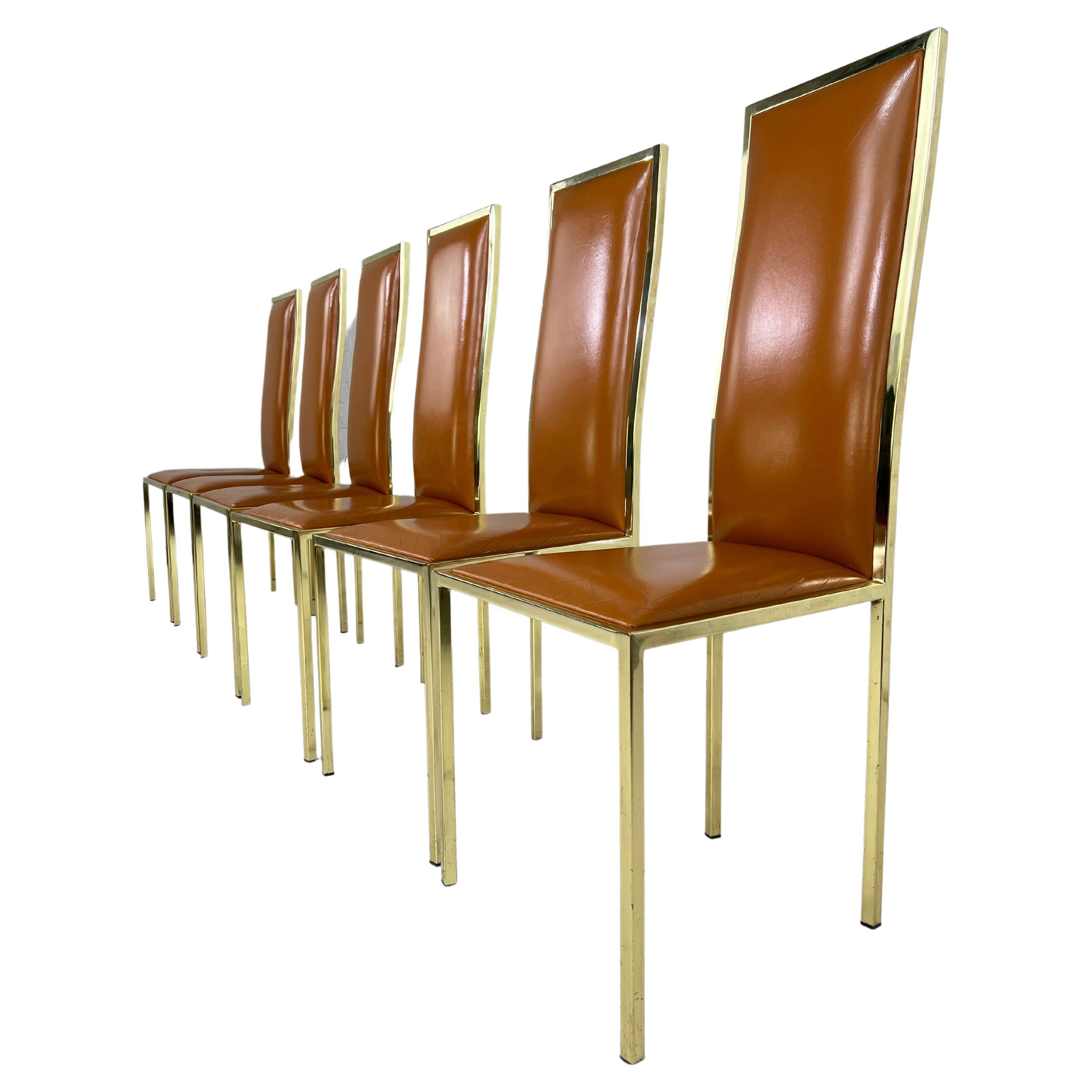 1970s Italian Style Renato Zevi Design Cognac Leather And Brass Set of 6 Chairs For Sale