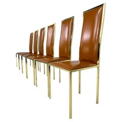 1970s Italian Style Renato Zevi Design Cognac Leather And Brass Set of 6 Chairs