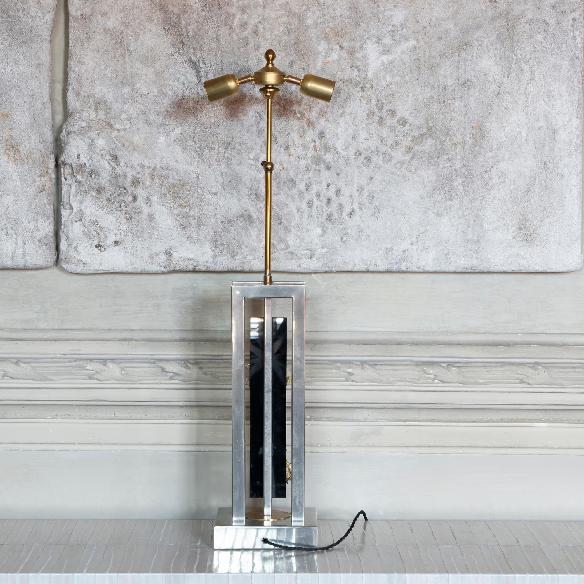 1970s French Philippe Cheverny Table Lamp, Chrome, Plexiglass and Brass Details 1