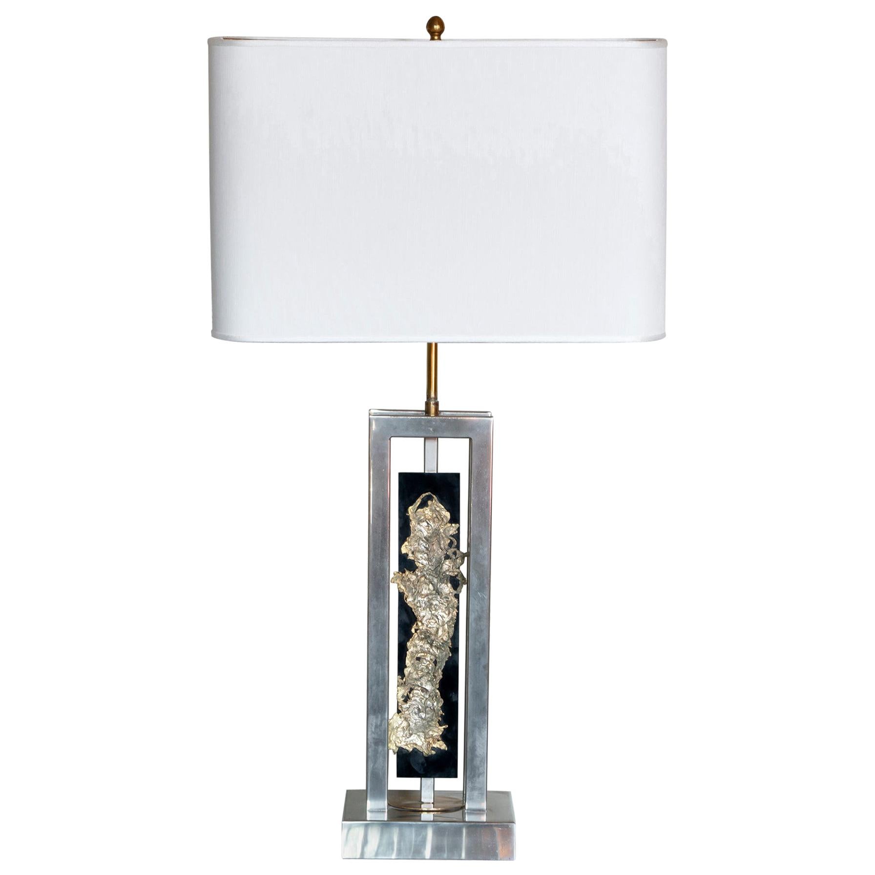 1970s French Philippe Cheverny Table Lamp, Chrome, Plexiglass and Brass Details
