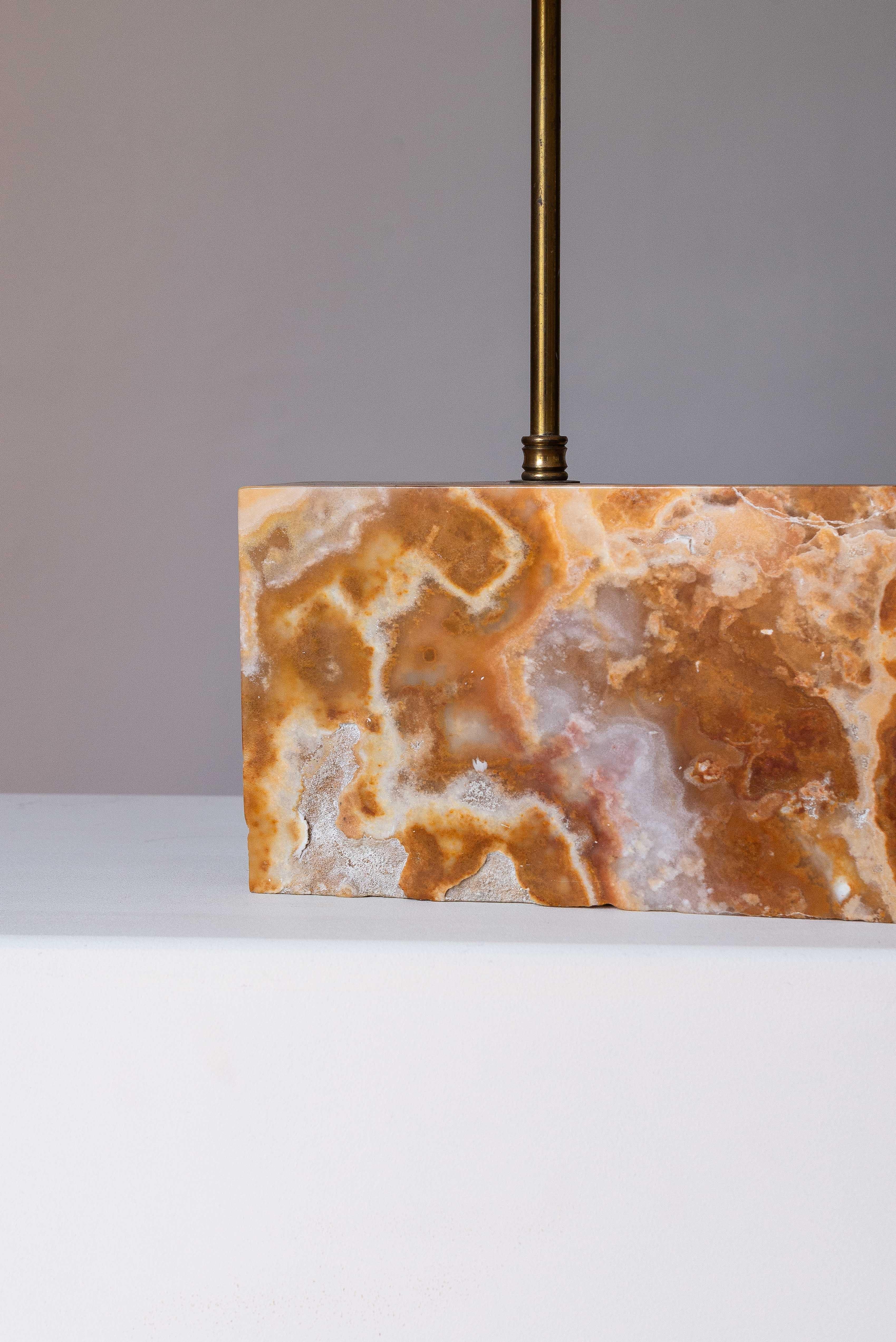 1970s Italian Table Lamp - Marble & Brass - Brutalist Design - Linen Shade For Sale 2