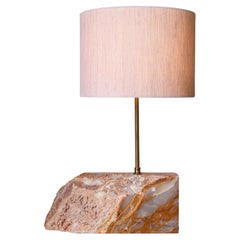 1970s Italian Table Lamp - Marble & Brass - Brutalist Design - Linen Shade