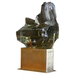 1970
s Italian Table Lamp Natural Brass and Artistic Raw Glass