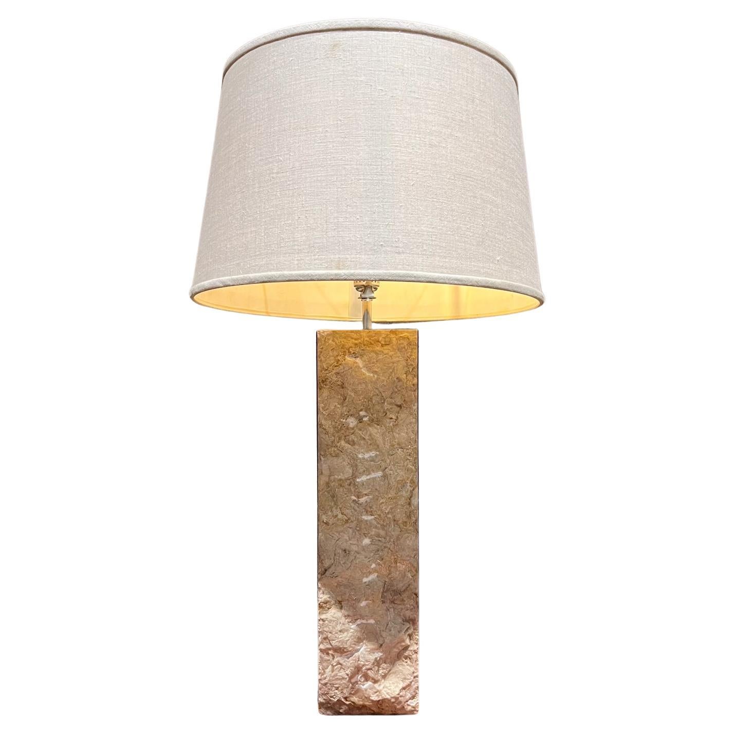 1970s Italian Table Lamp Raw Edge Travertine Stainless  For Sale