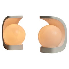 1970s Italian Table Lamps in White Lacquered Wood and Milk Glass Spherical Shade