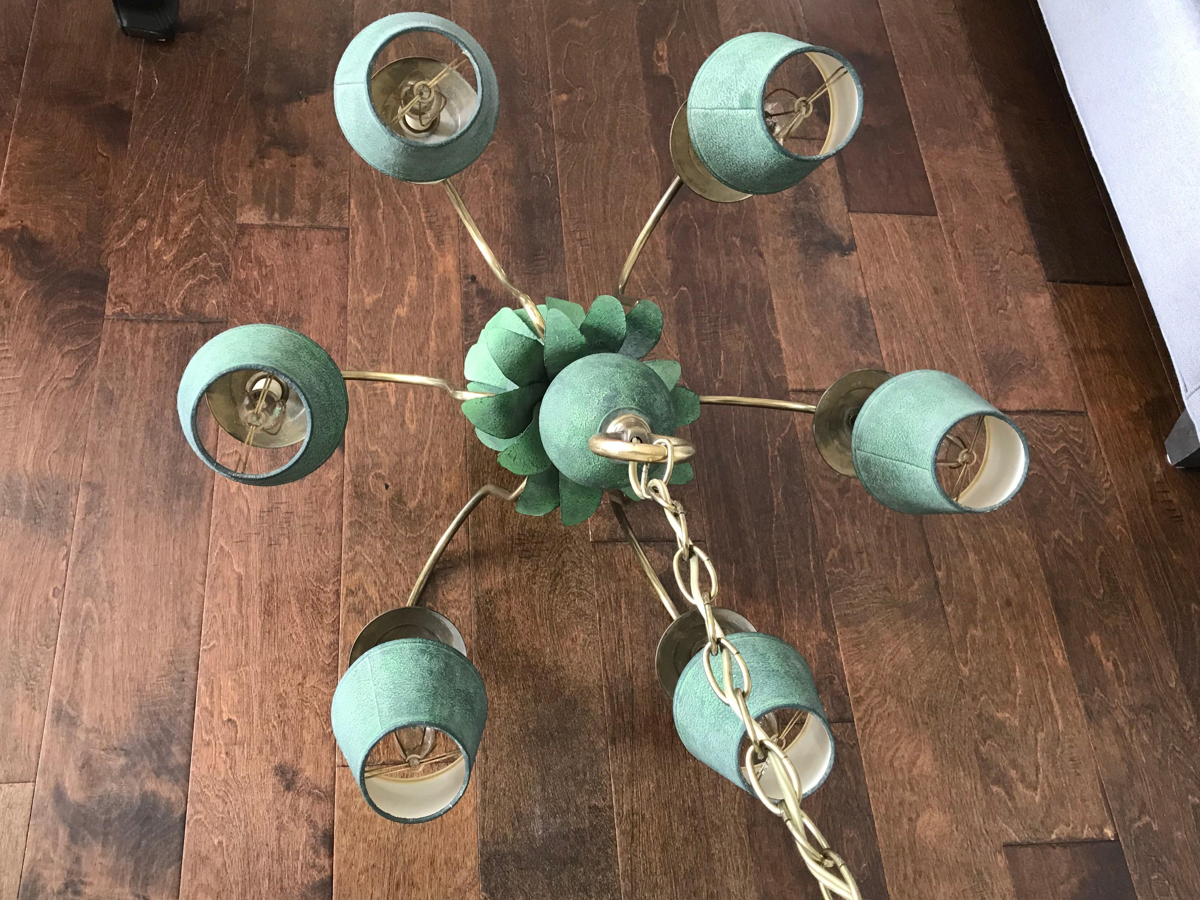 1970s Italian Tole and Brass Palm Tree Six-Arm Chandelier 5