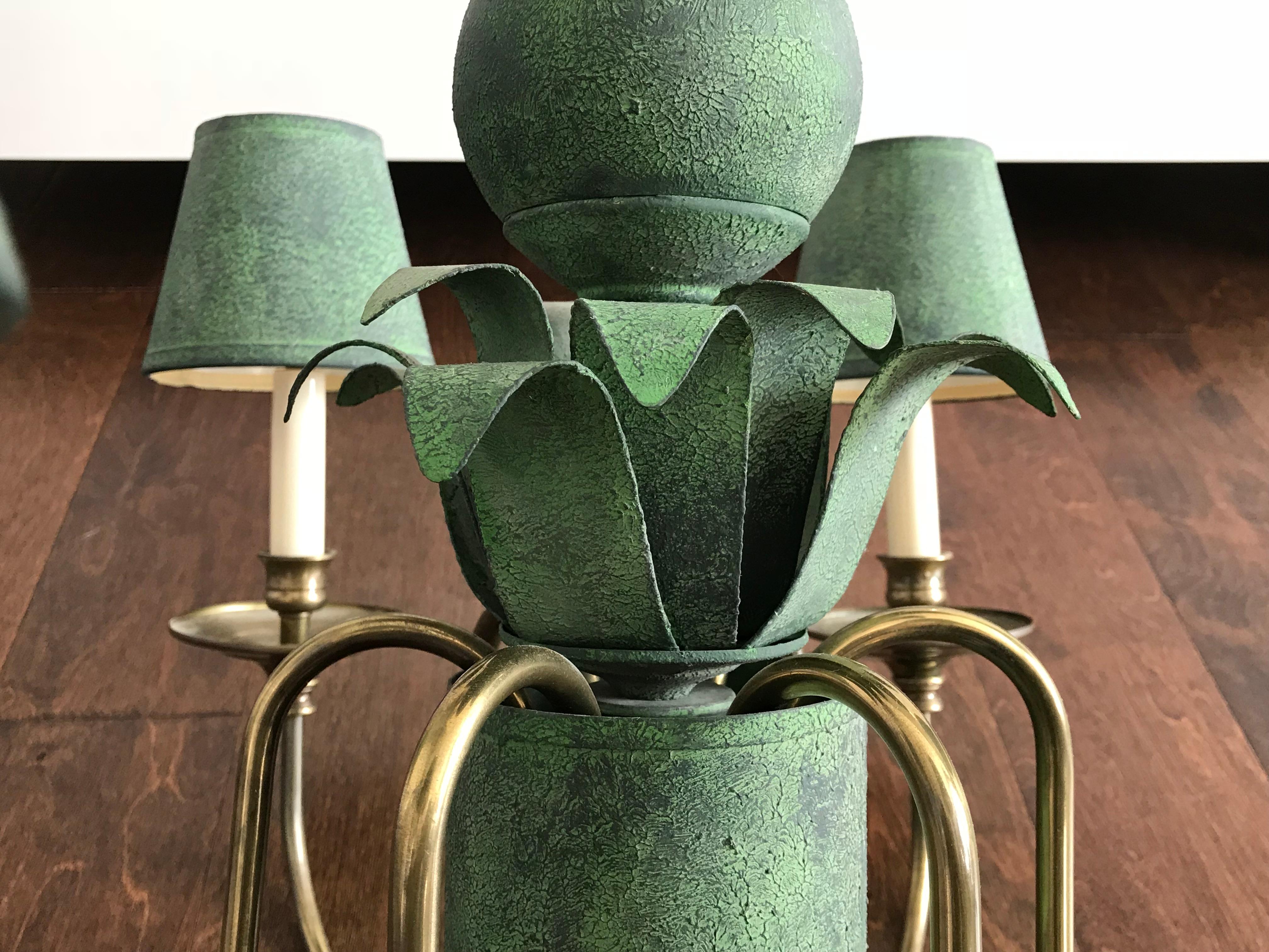 Hand-Painted 1970s Italian Tole and Brass Palm Tree Six-Arm Chandelier