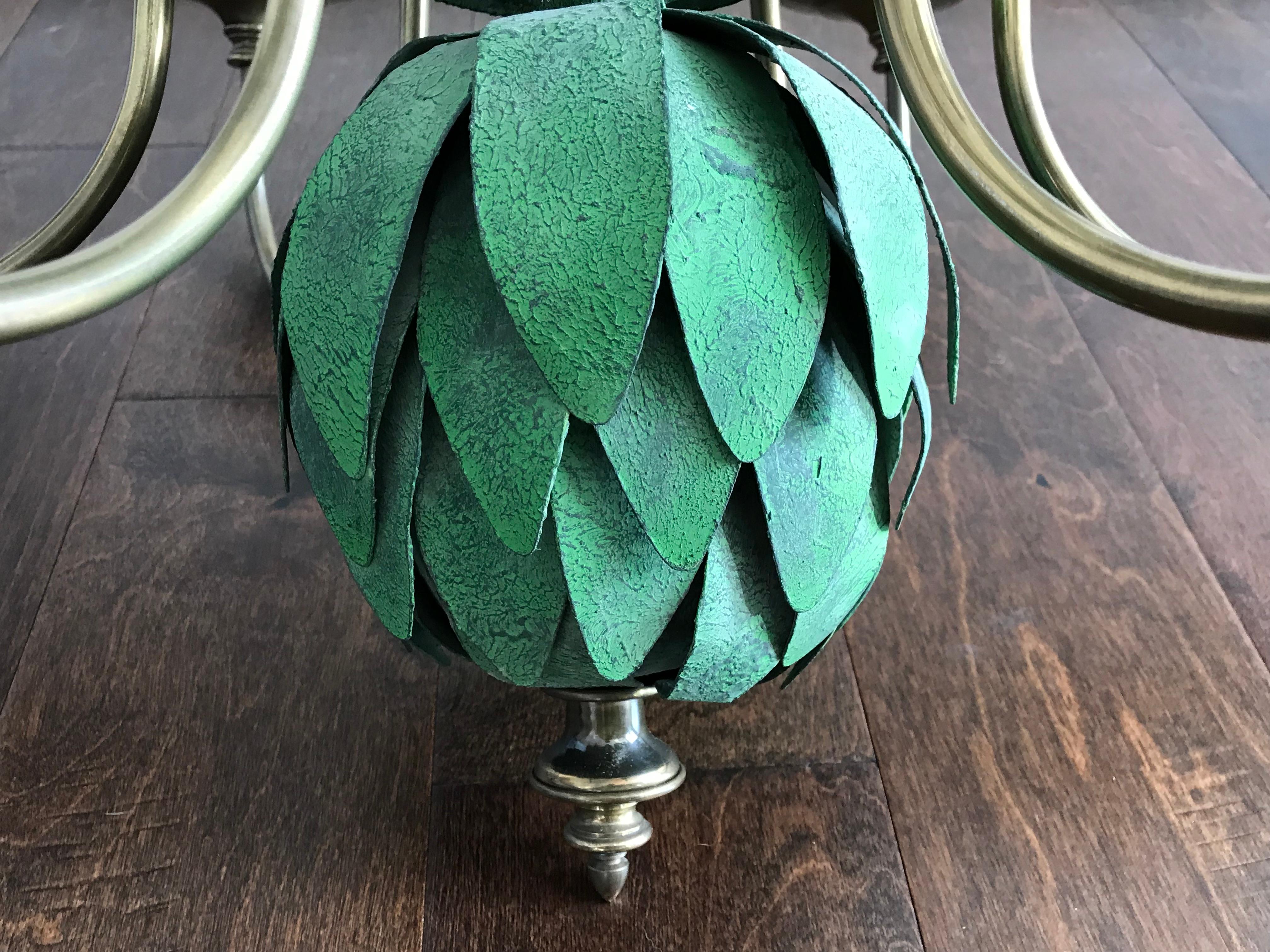 1970s Italian Tole and Brass Palm Tree Six-Arm Chandelier In Good Condition In Richmond, VA