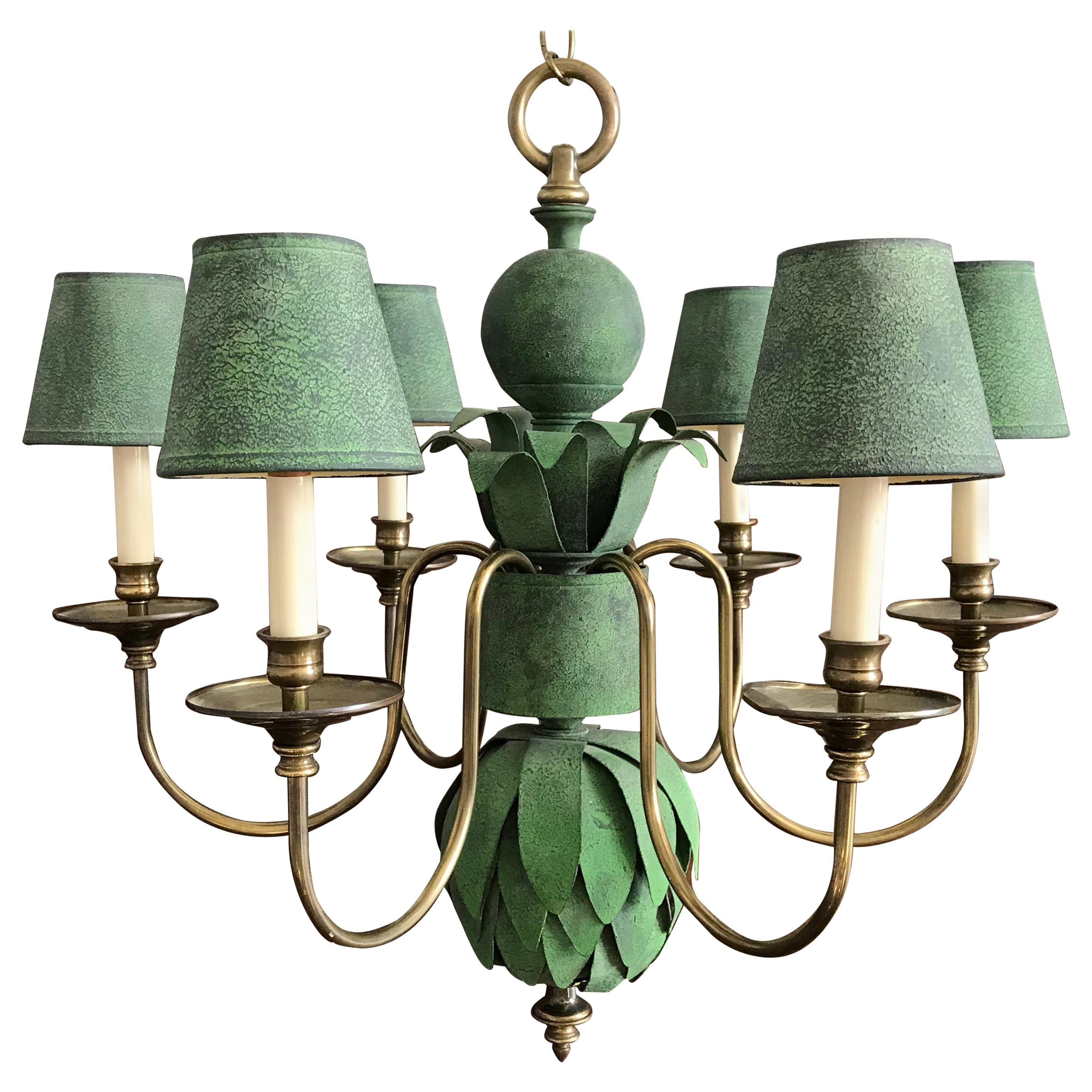 1970s Italian Tole and Brass Palm Tree Six-Arm Chandelier