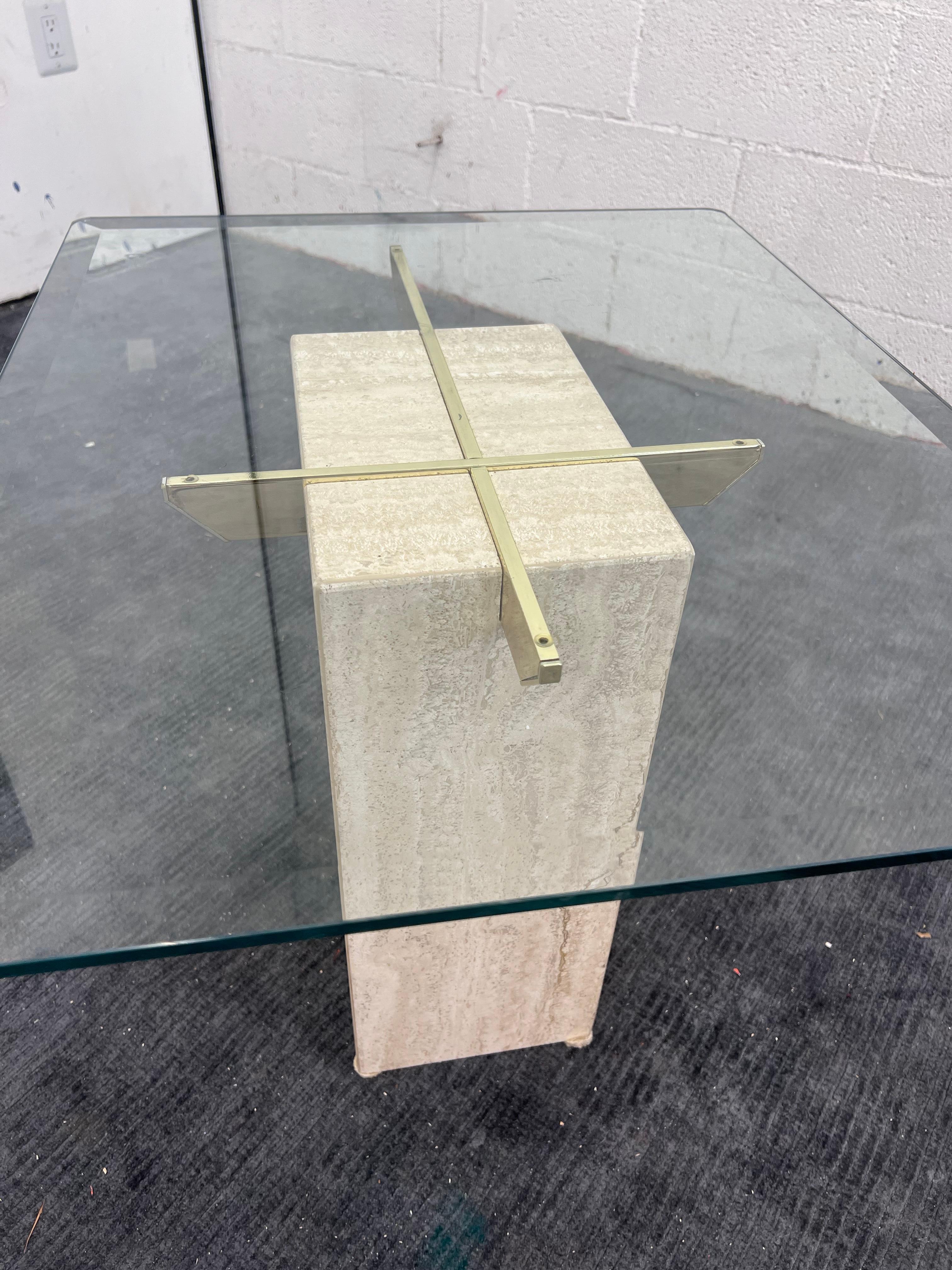 Mid-Century Modern 1970s’ Italian Travertine, Brass and Glass Occasional Side Table by Artedi For Sale