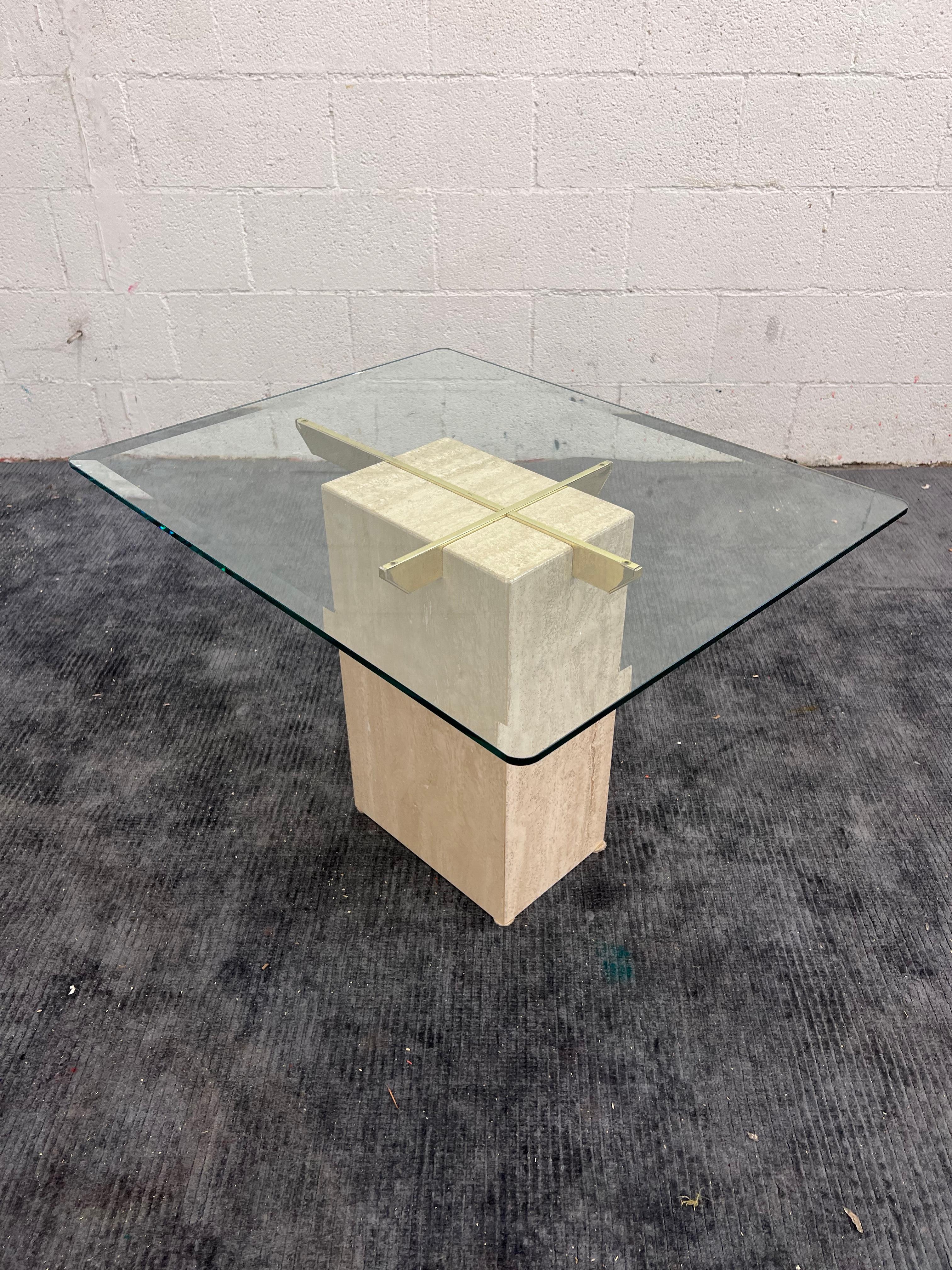 1970s’ Italian Travertine, Brass and Glass Occasional Side Table by Artedi In Good Condition For Sale In Los Angeles, CA
