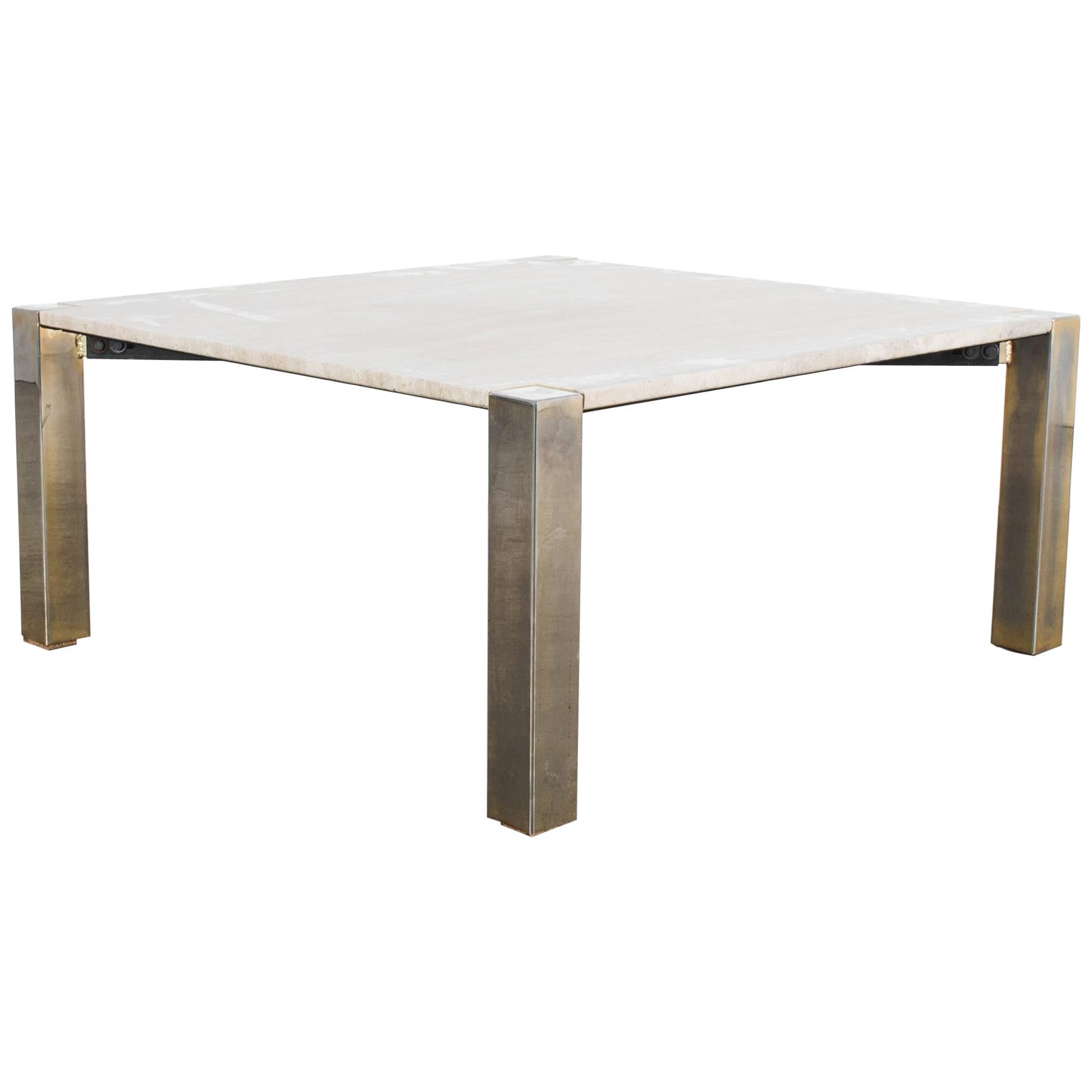 1970s Italian Travertine and Brass Coffee Table