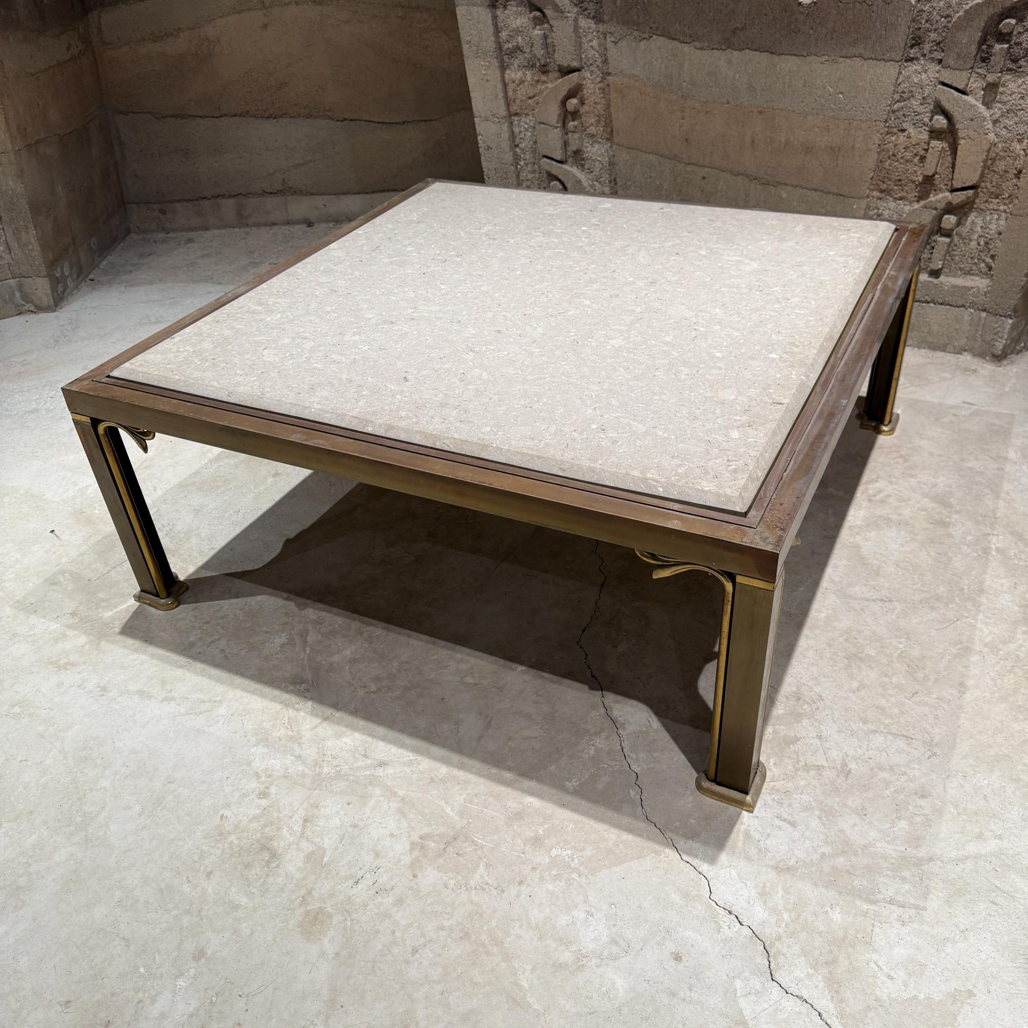 Hollywood Regency Italian Travertine & Brass Square Coffee Cocktail Table Italy For Sale 11