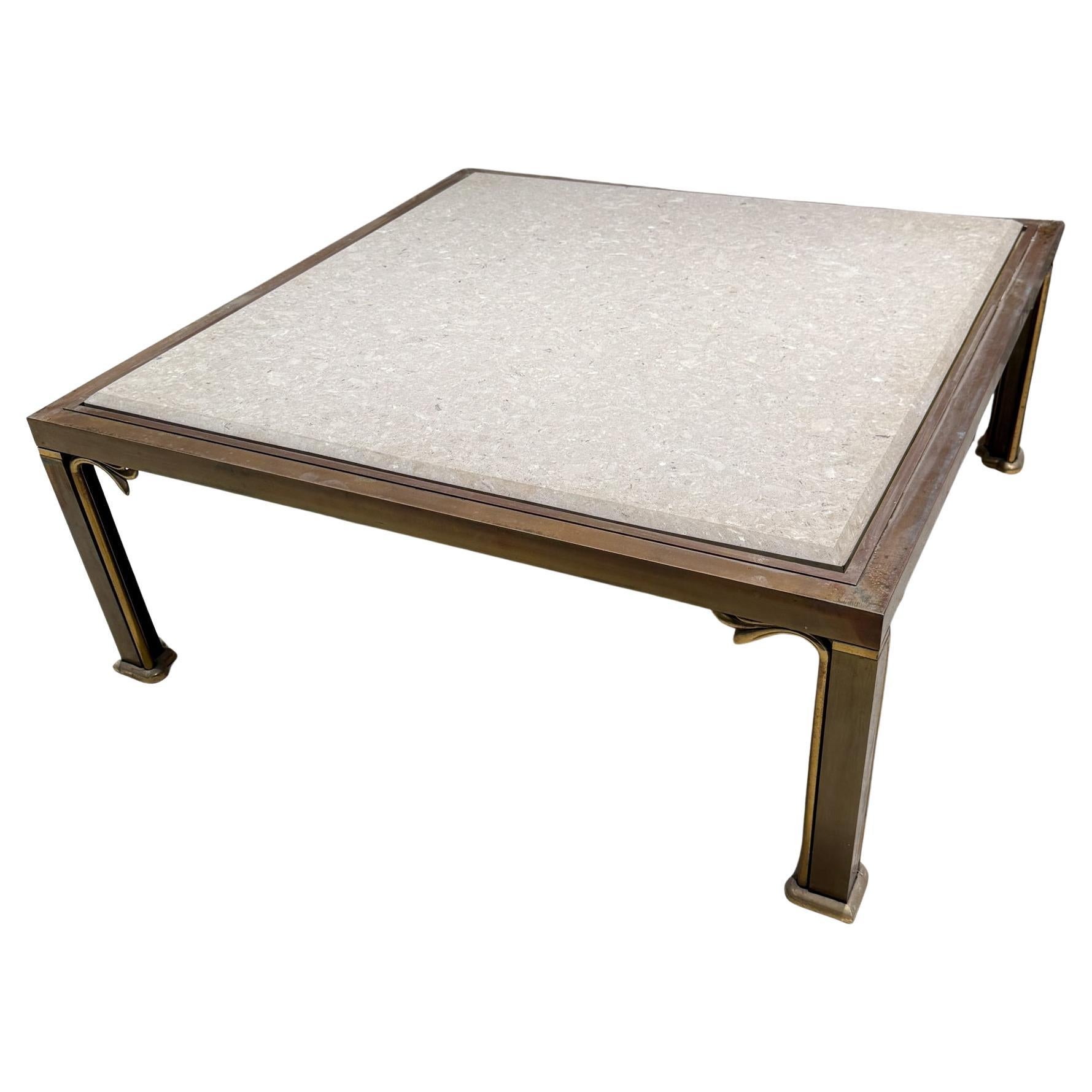 Hollywood Regency Italian Travertine & Brass Square Coffee Cocktail Table Italy