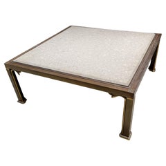 Hollywood Regency Italian Travertine & Brass Square Coffee Cocktail Table Italy