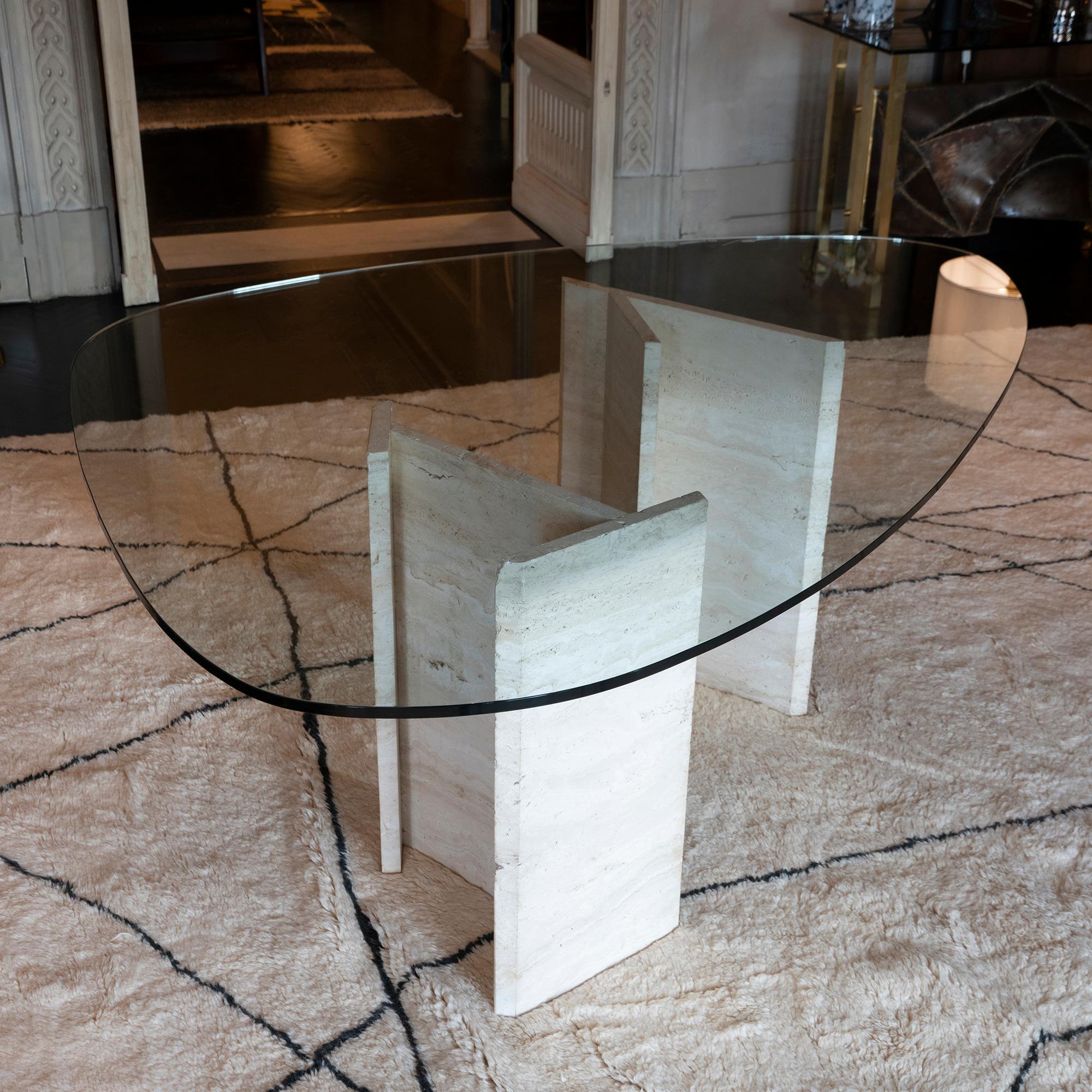 Modern 1970s Italian Travertine Center Table, Oval Shape Original Clear Glass Top