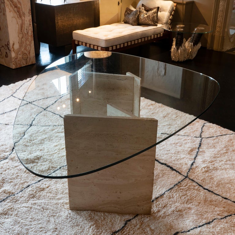 1970s Italian Travertine Center Table, Oval Shape Original Clear Glass