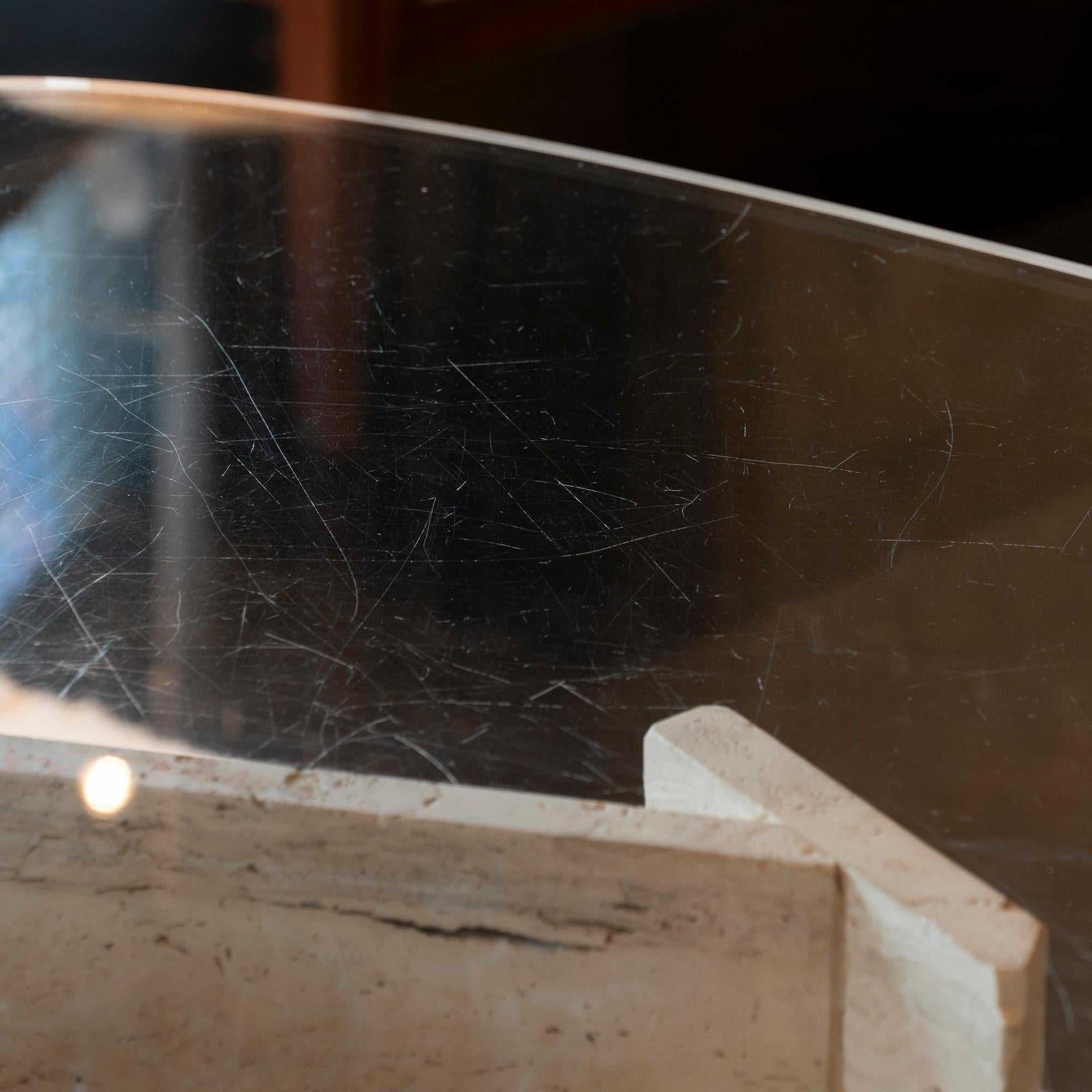 1970s Italian Travertine Center Table, Oval Shape Original Clear Glass Top 1